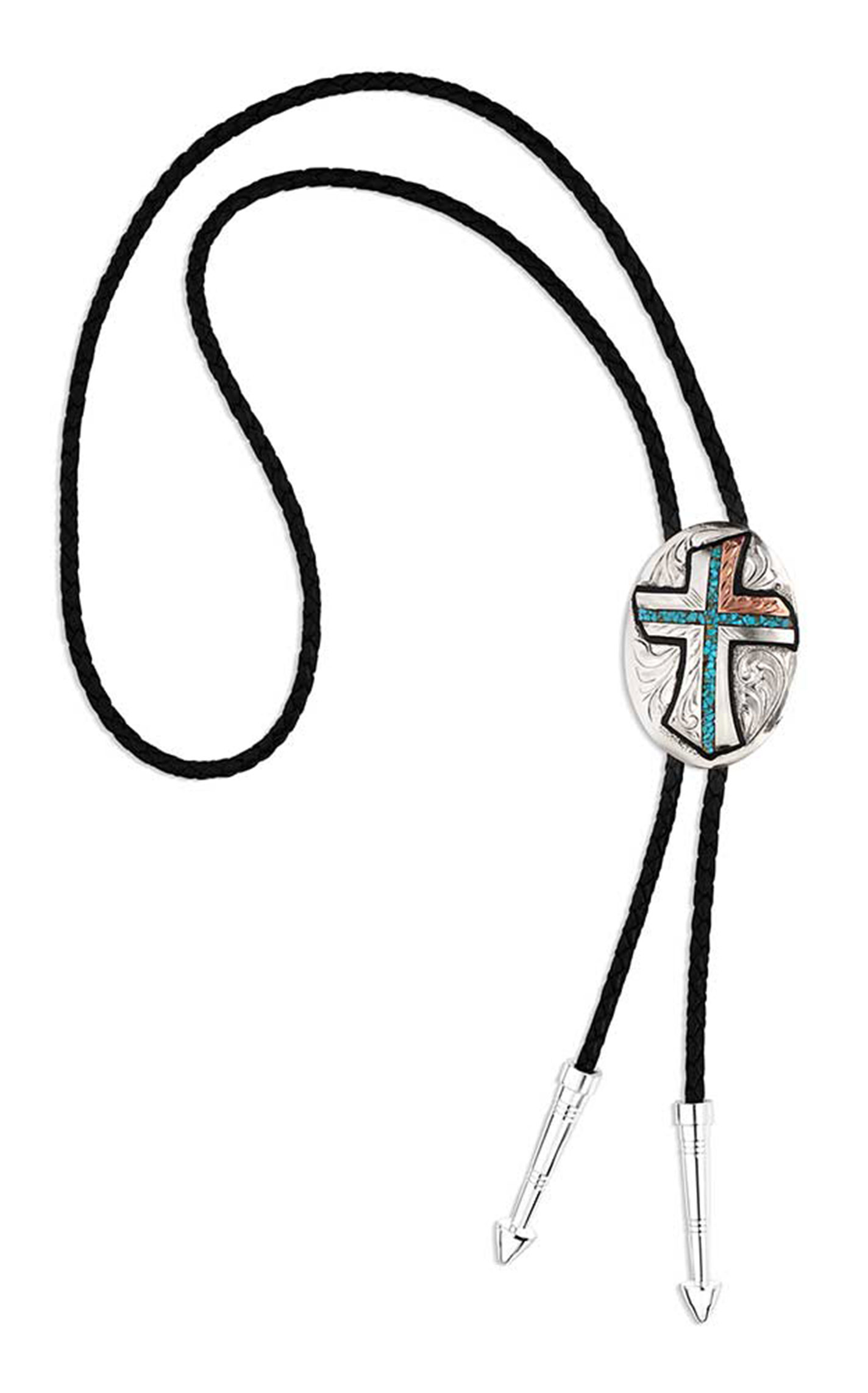 Montana Silversmiths Silver Turquoise & Copper Cross Bolo Tie - Image 1