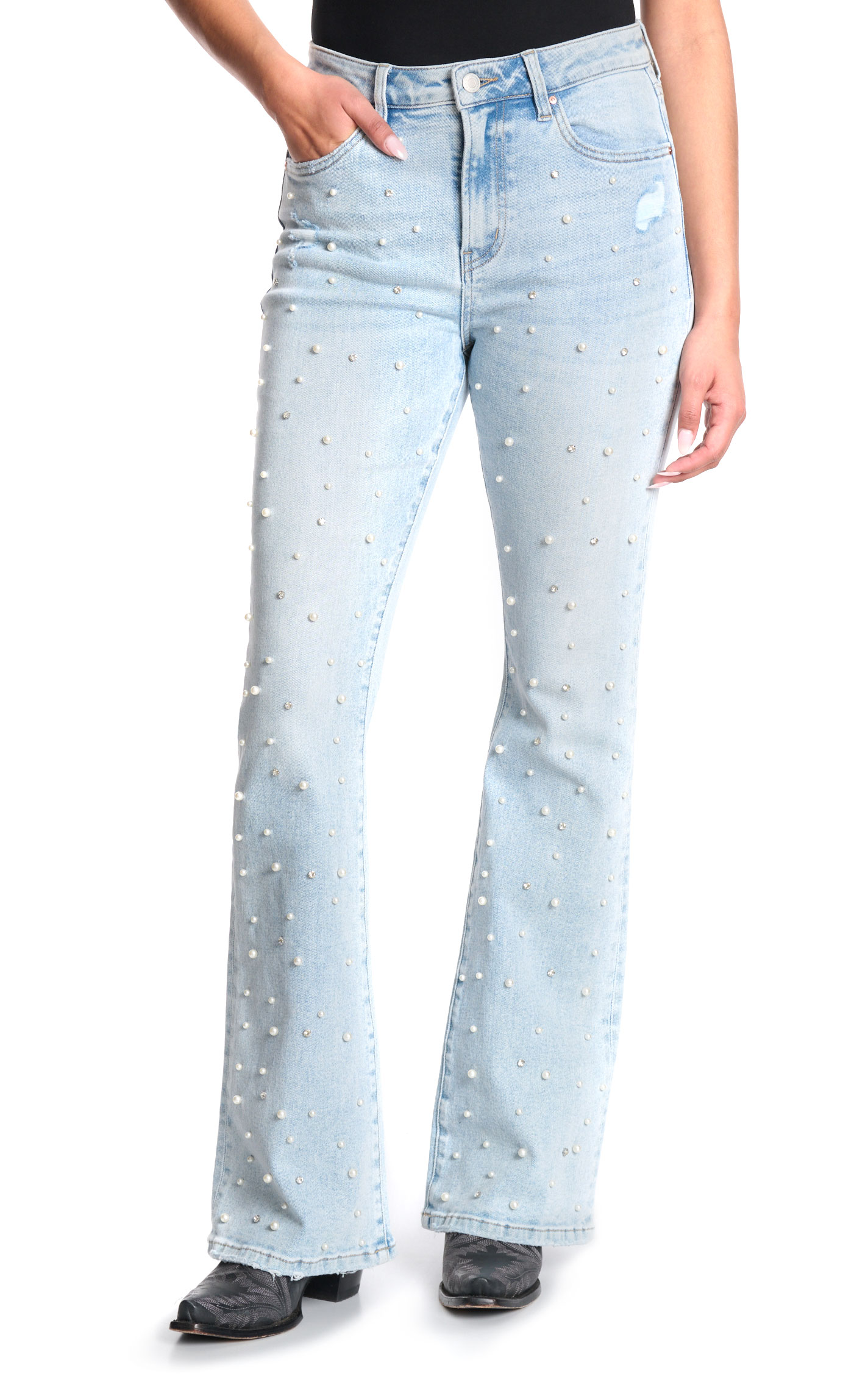 Mica Women's Light Wash Pearl & Rhinestones Flare Leg Jeans - Image 1