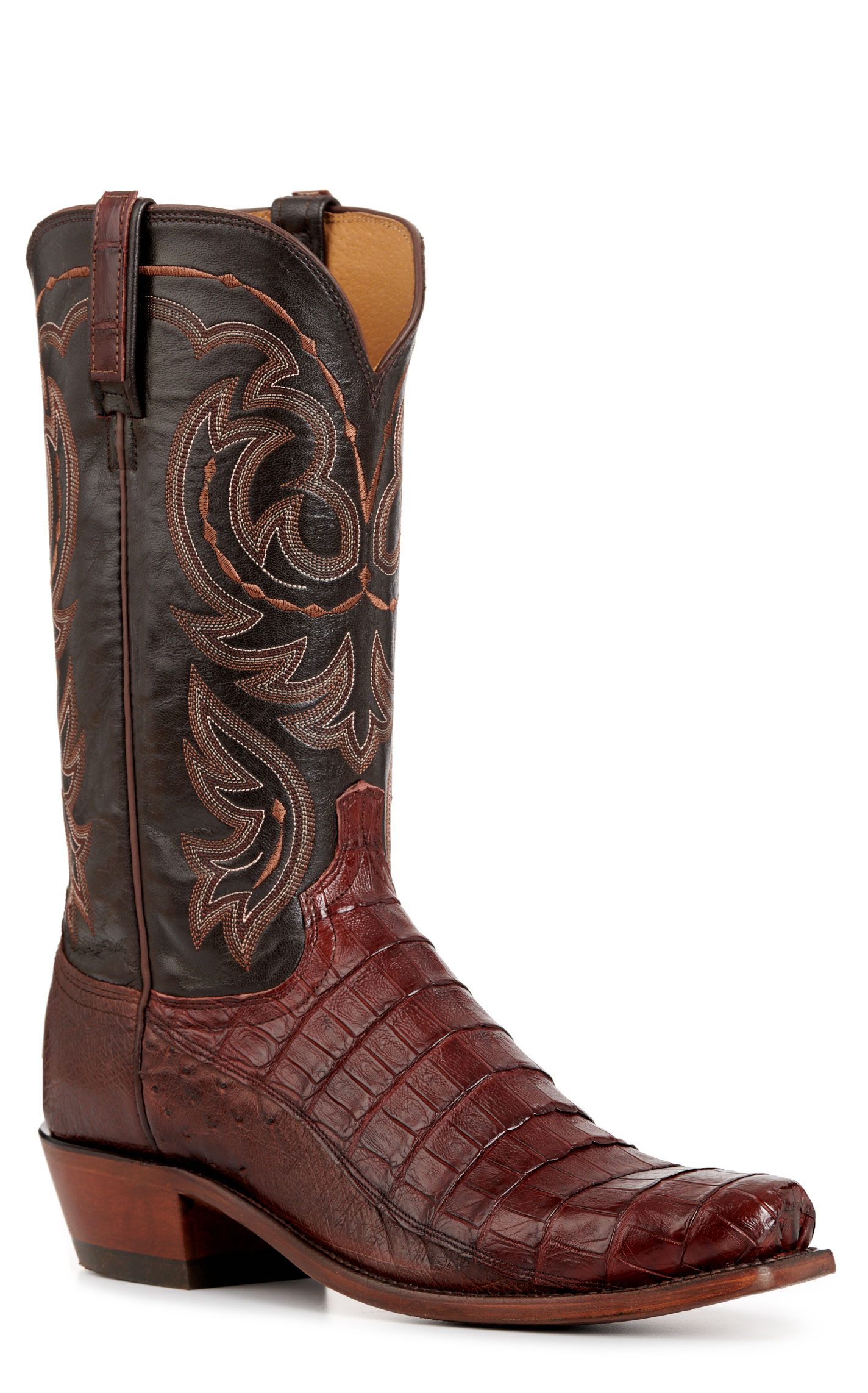 Lucchese Men's Douglas Dark Brown and Barrel Brown Caiman and Ostrich Exotic Cowboy Boots - Image 1