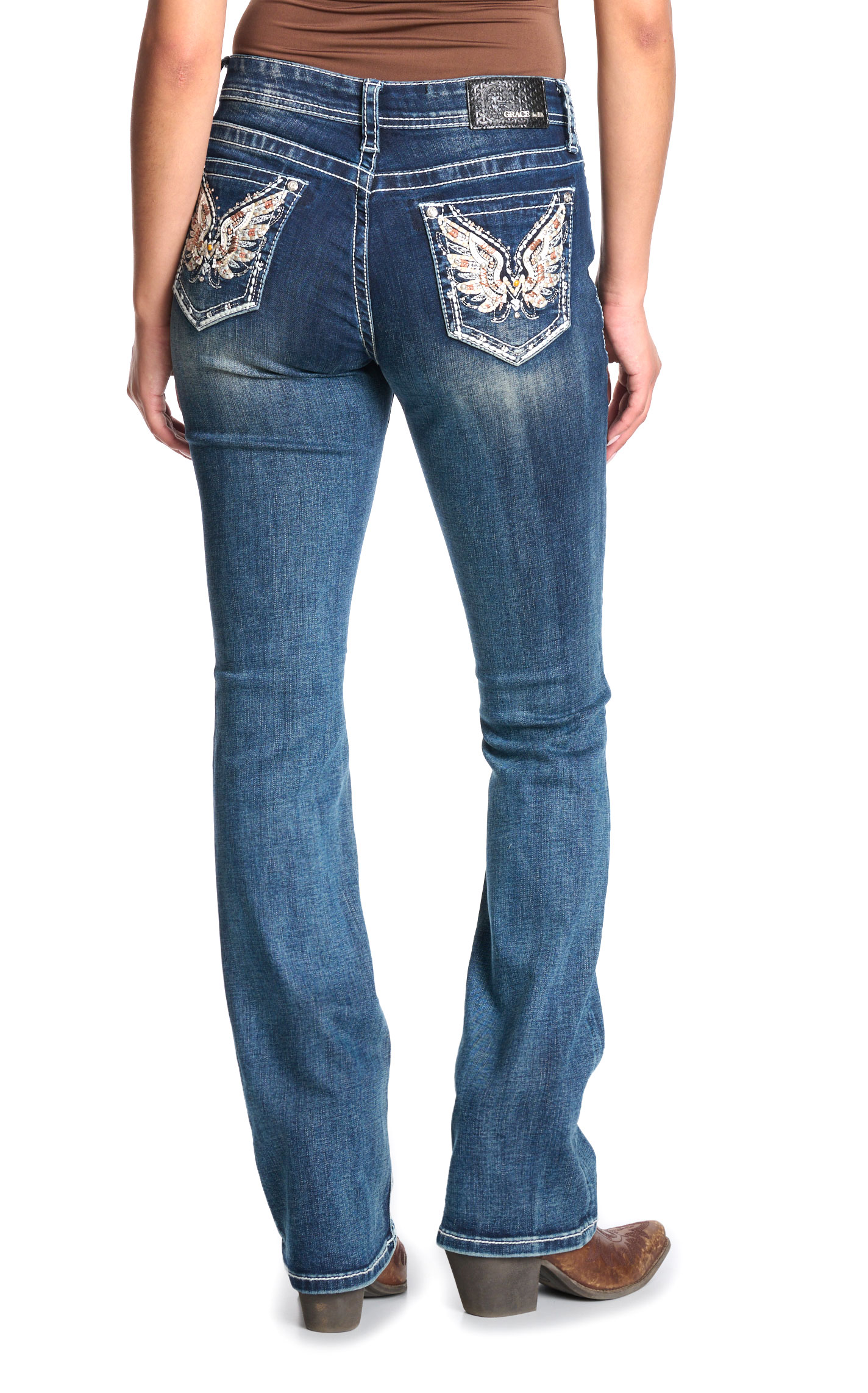 Grace in LA Women's Medium Wash Bling Wings Boot Cut Jeans - Plus Sizes - Image 1