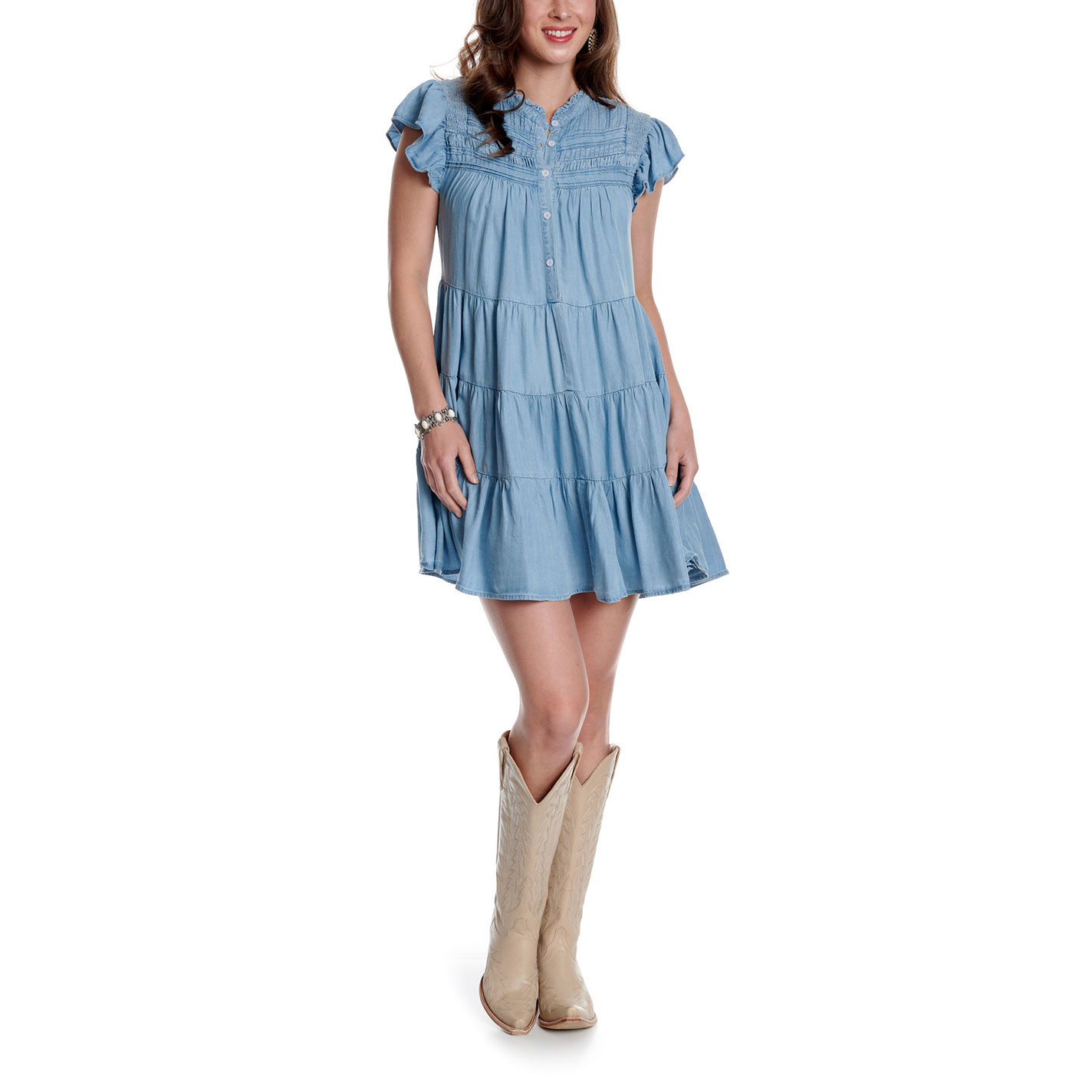 Blue B Women's Light Wash Tiered Denim Mini Dress - Image 1