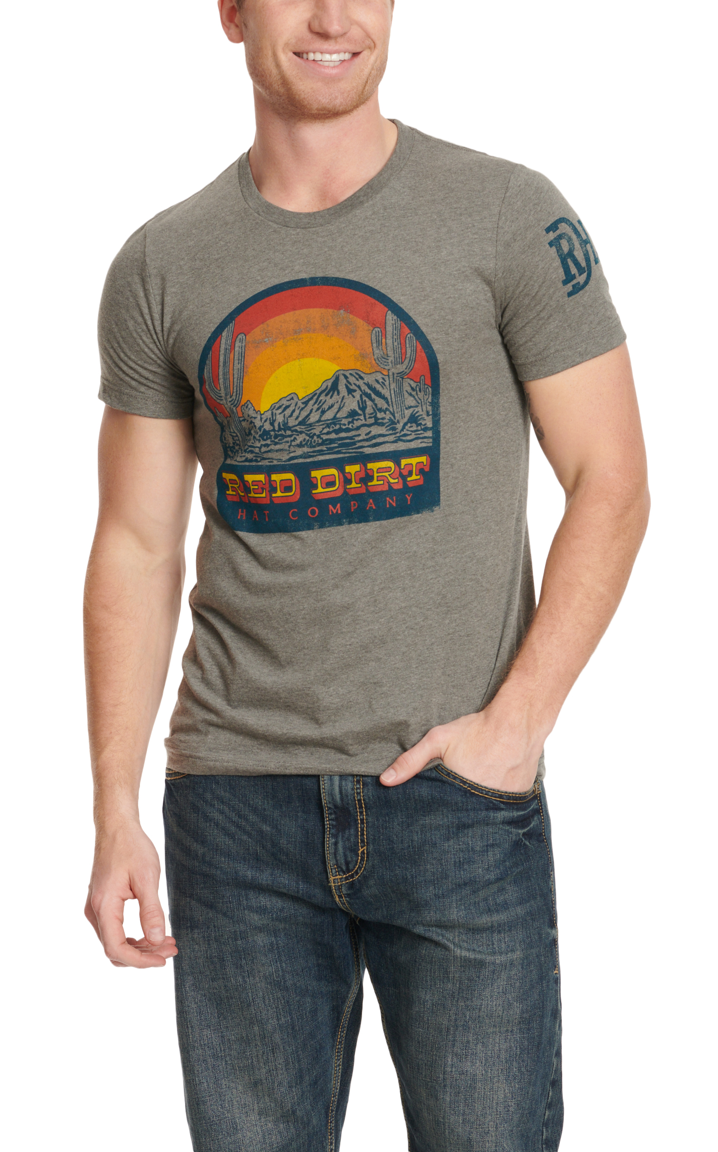 Red Dirt Hat Co. Men's Gray Desert Sunset Logo Graphic T-Shirt - Image 1