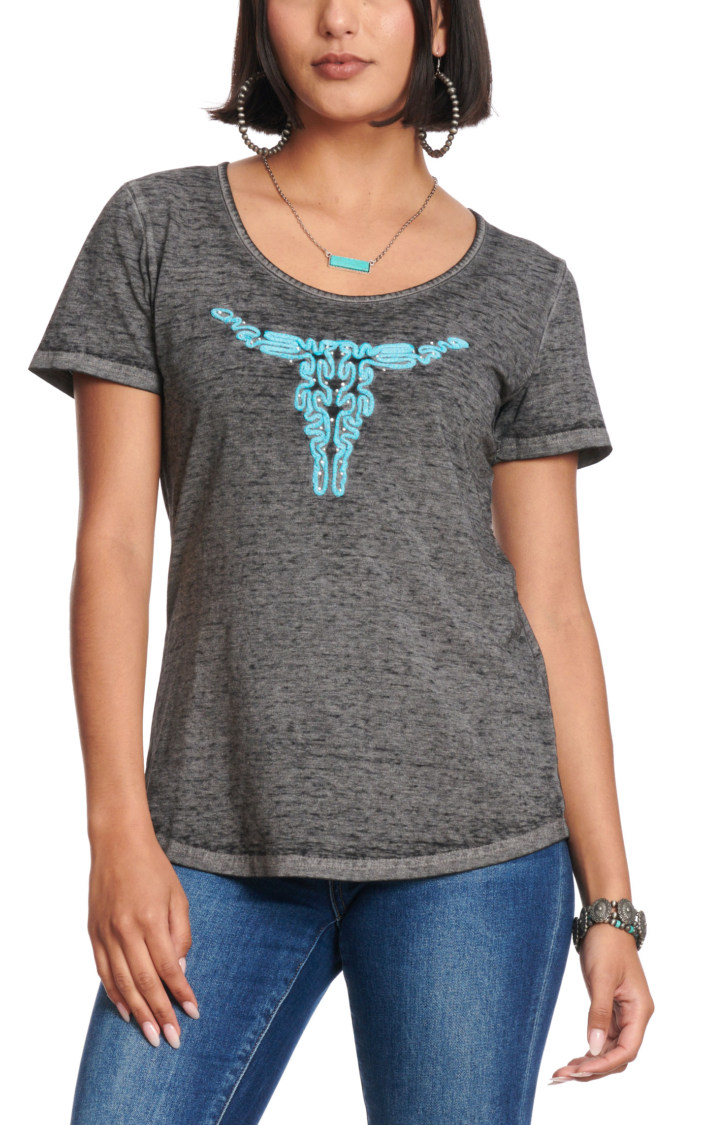 Cowgirl Hardware Women's Soft Charcoal & Turquoise Swirling Skull T-Shirt - Image 1