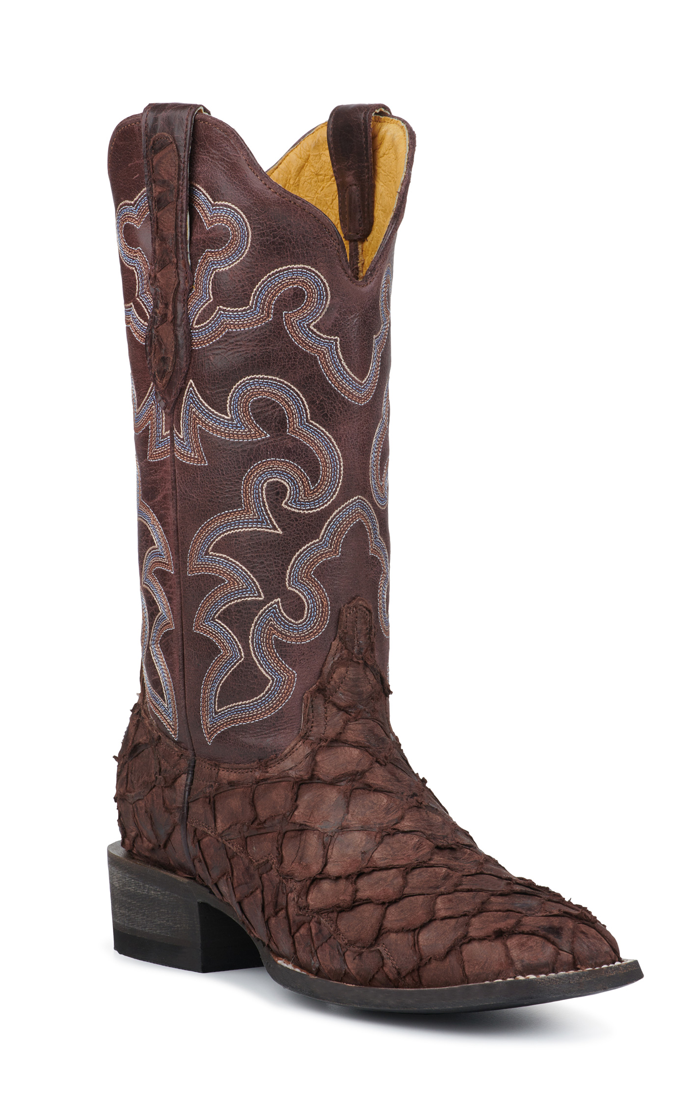 Cavender's Women's Cigar Brown Pirarucu and Chocolate Wide Square Toe Exotic Cowboy Boots - Image 1