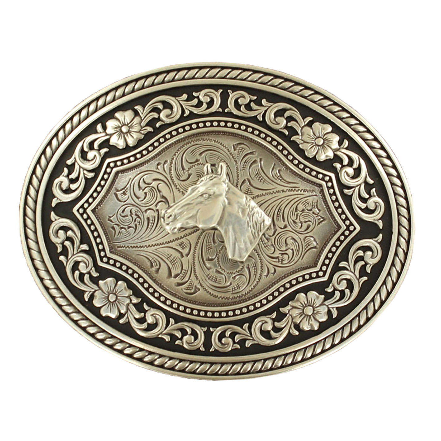 Nocona Silver Horse Head Oval Rope Edge Buckle - Image 1