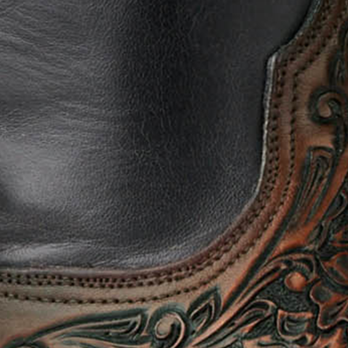 Black Jack Men's Mahogany Black and Brown Hand Tooled Wide Square Toe Cowboy Boots - Image 1