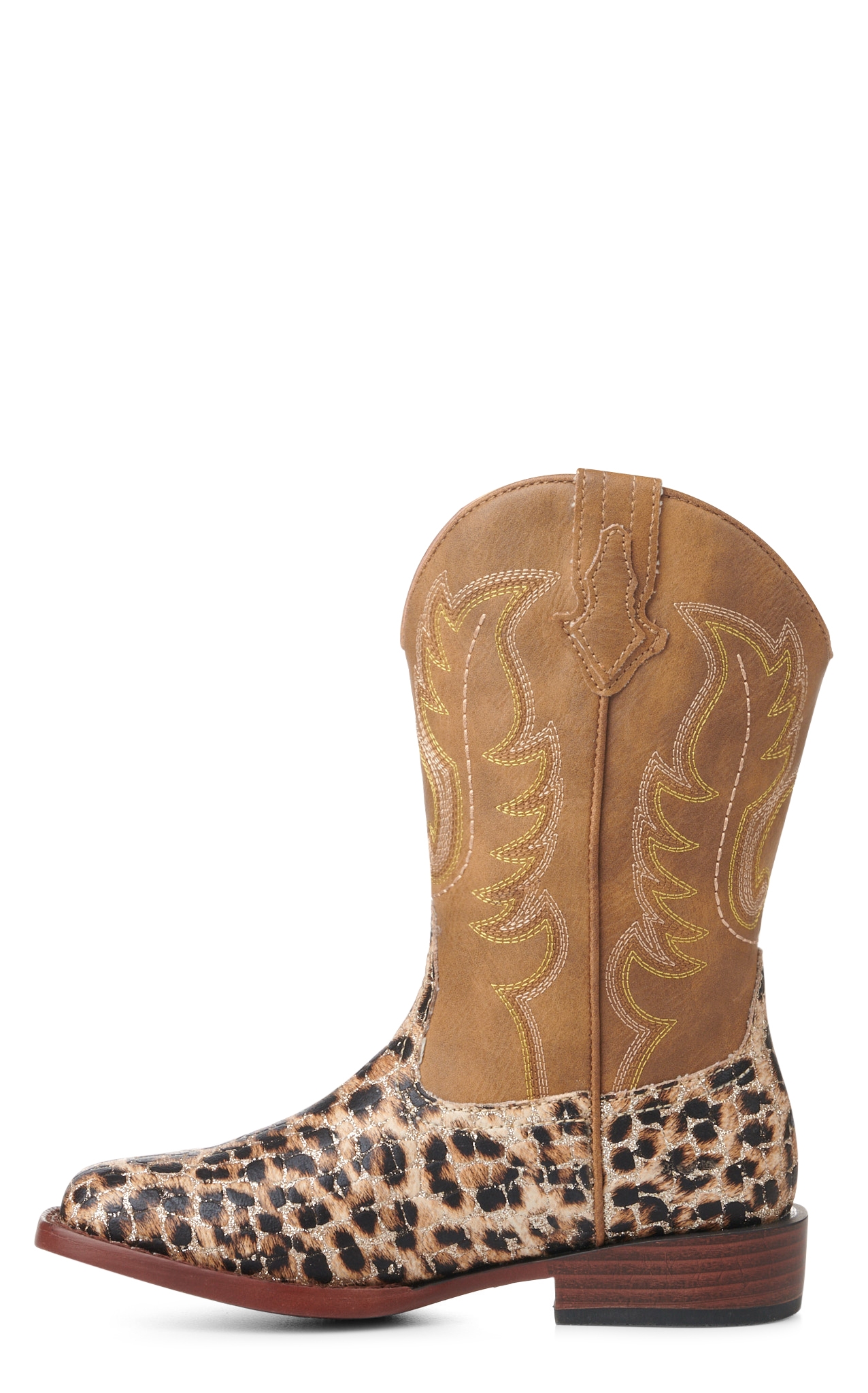 Roper Girl's Brown and Leopard with Gold Glitter Wide Square Toe Cowboy Boots - Image 1