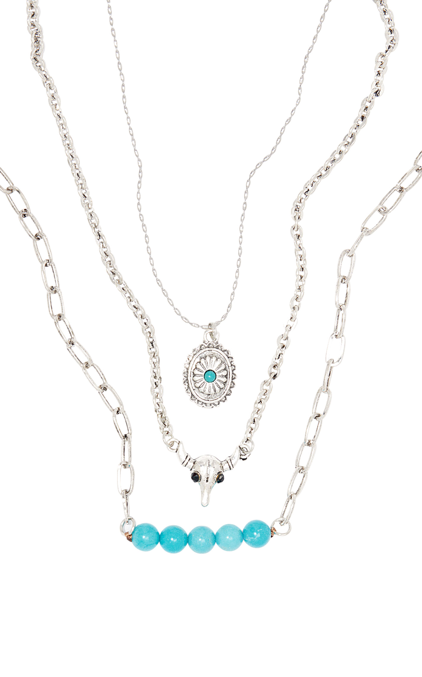 Southern Grace Silver & Turquoise Three-Strand Charm Necklace - Image 1