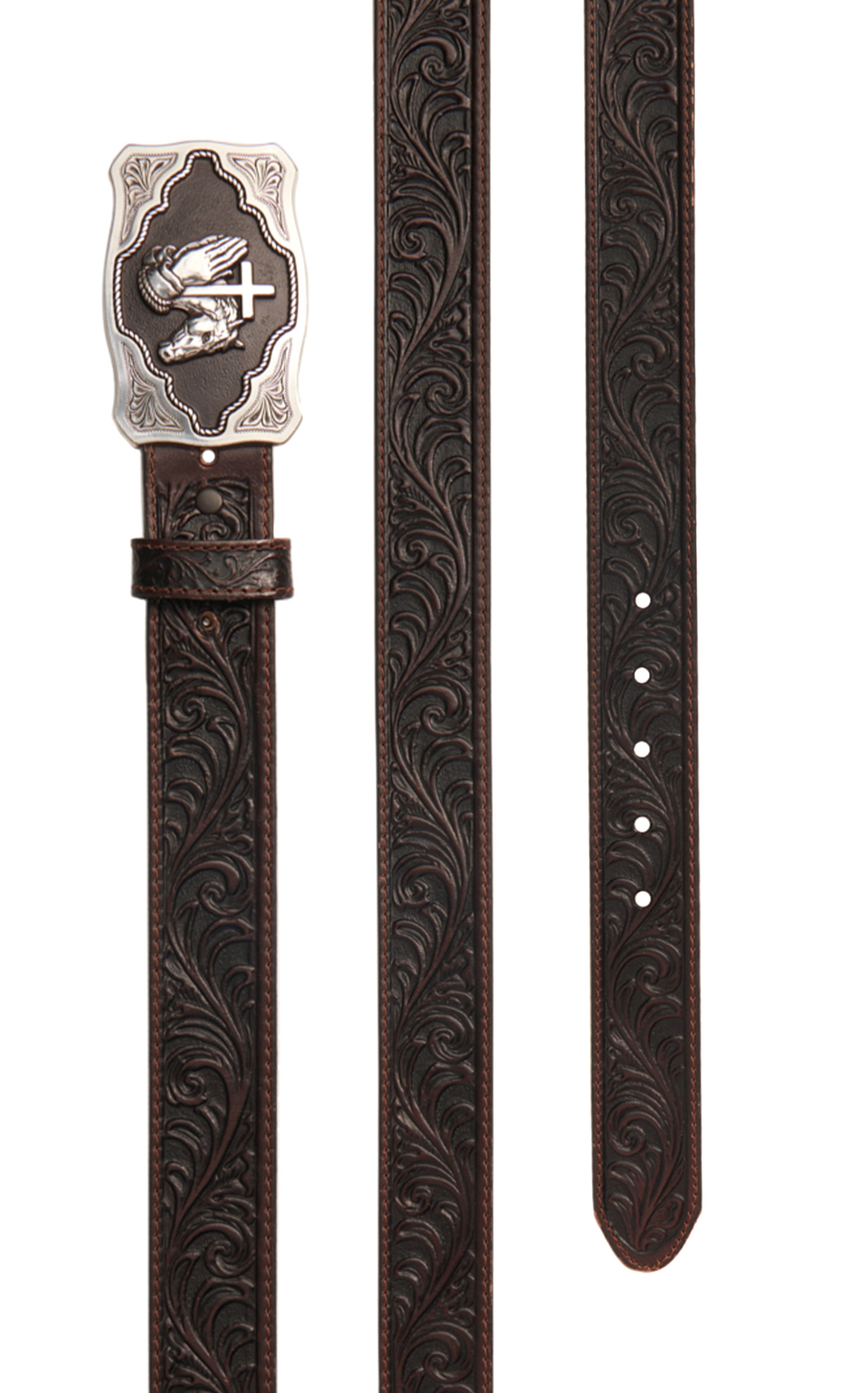 Tony Lama Dark Brown Floral Tooled & Silver Faith Western Belt - Image 2