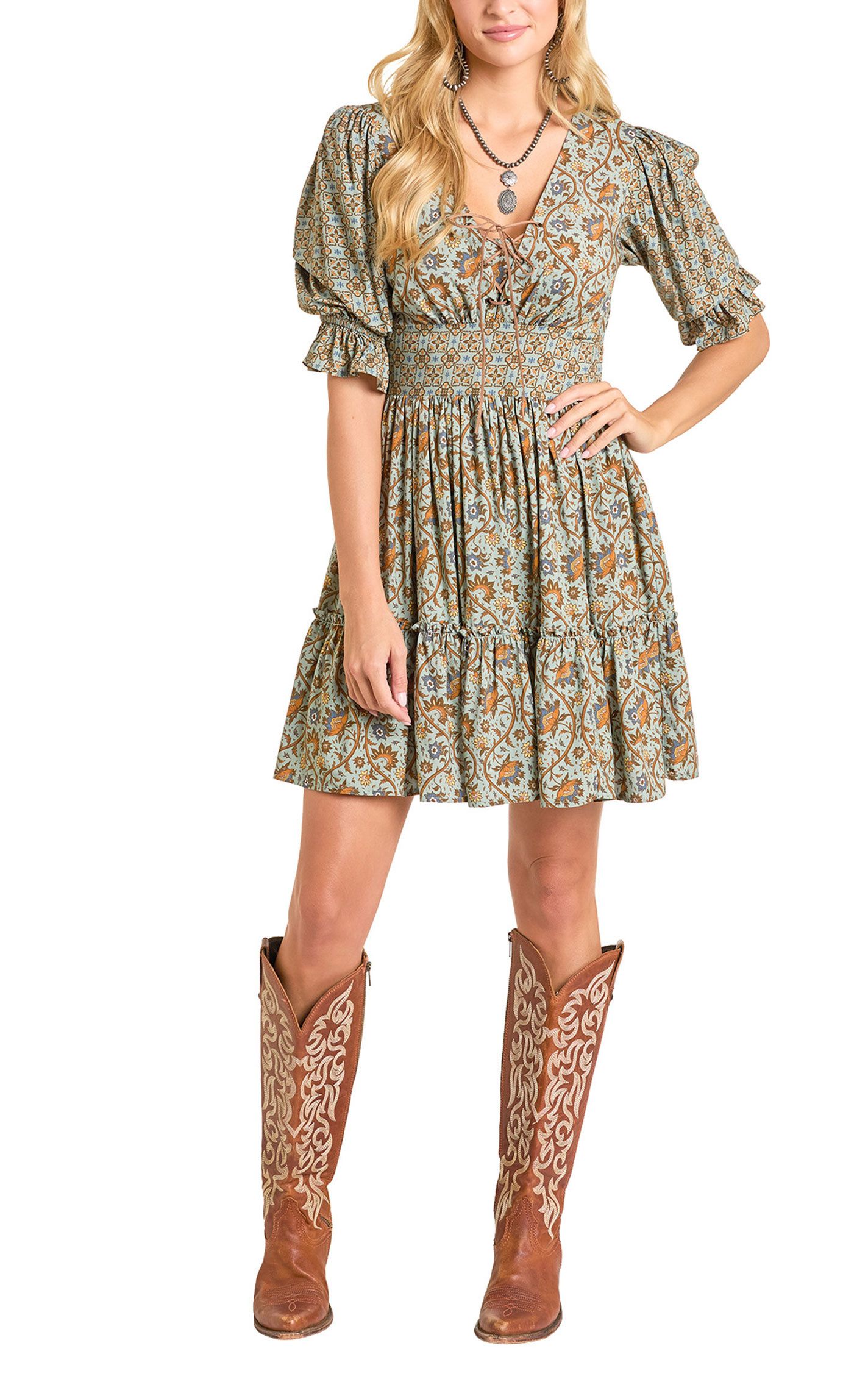Rock & Roll Denim Women's Sage Green & Floral Ruffle Dress - Image 1