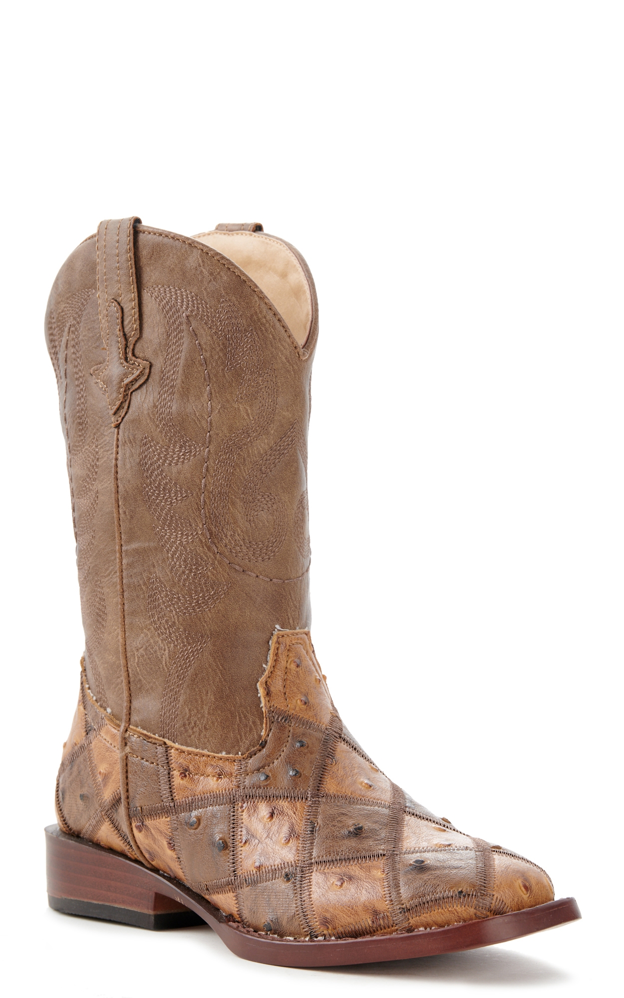 Roper Youth Brown And Tan Faux Ostrich Patchwork Square Toe Cowboy Boots - Image 1