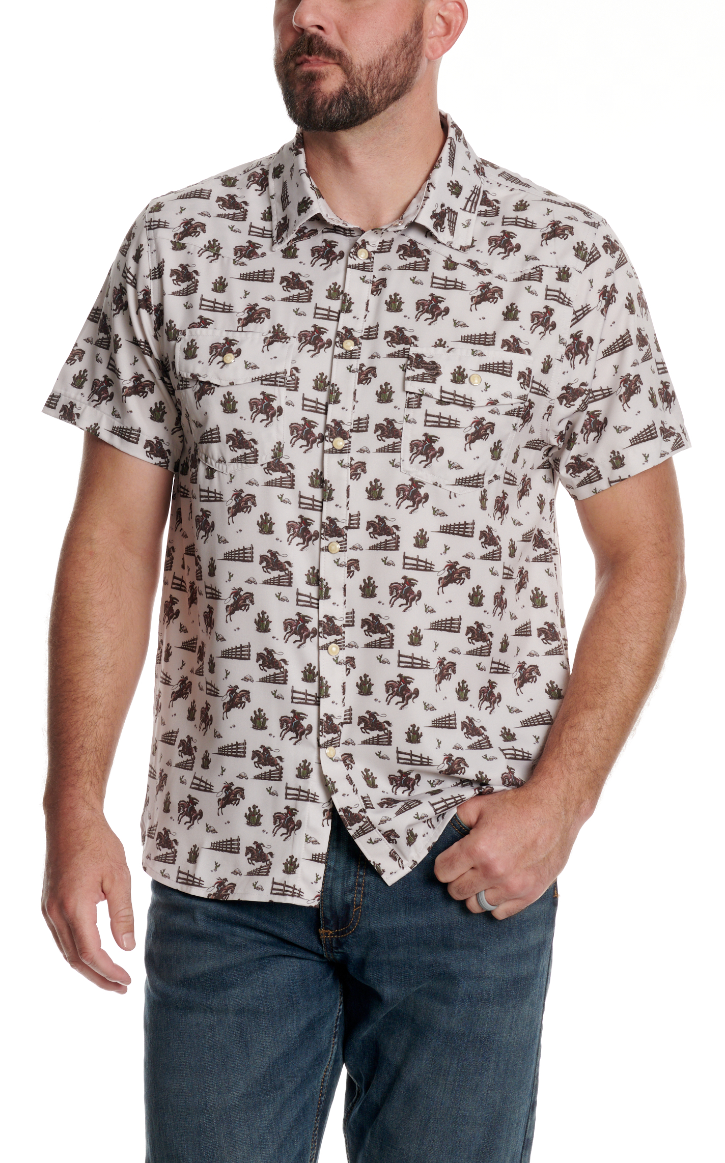 Burlebo Men's Performance Cowboy Country Taupe Western Print Shirt - Image 1