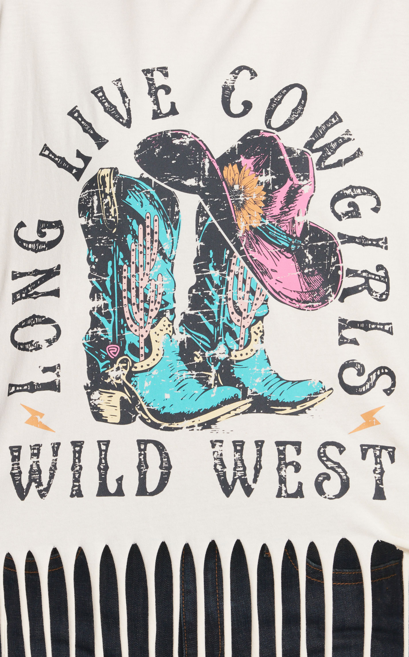 Rock & Roll Denim Women's Cream Long Live Cowgirls Fringed T-Shirt - Image 1