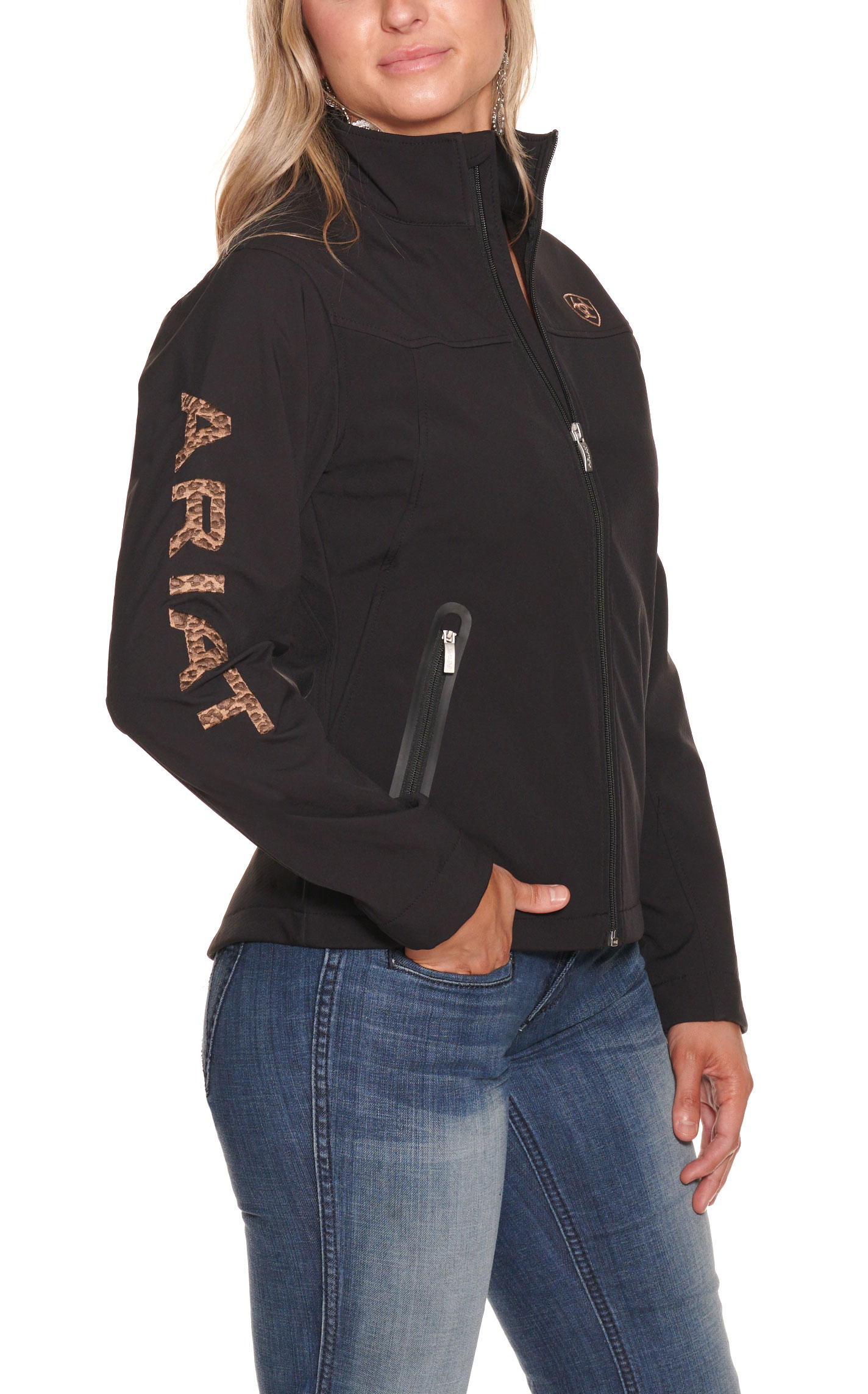 Ariat Women's Black with Leopard Print Logo Sleeve New Team Softshell Jacket - Image 1