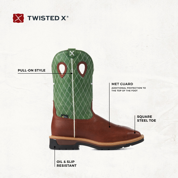 Twisted X Men's Cognac and Lime Green MetGuard Wide Square Steel Toe Work Boot - Image 1