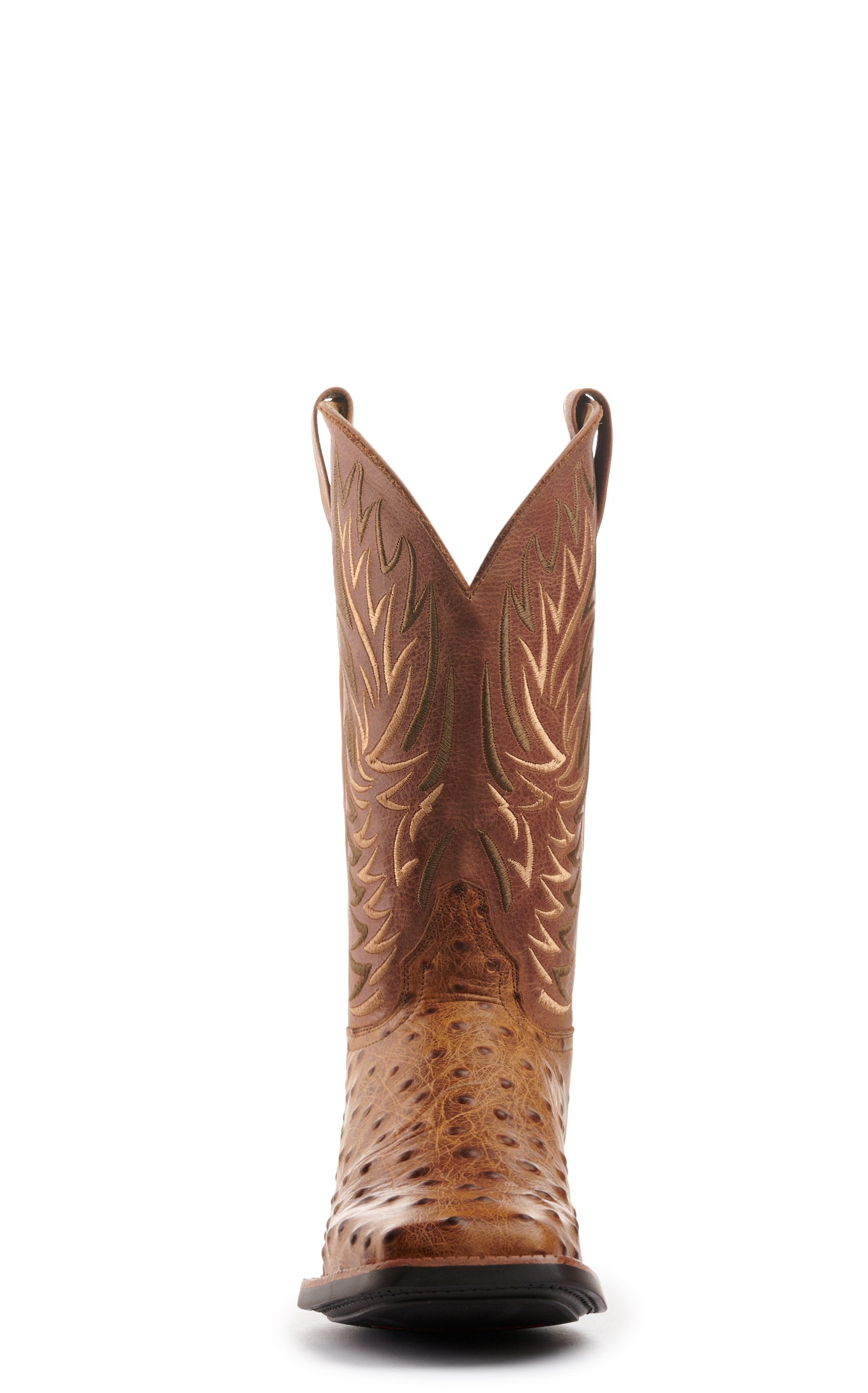 Cavender's Men's Intrepid Brass and Aleman Antique Tan Ostrich Print Wide Square Toe Cowboy Boots - Image 1