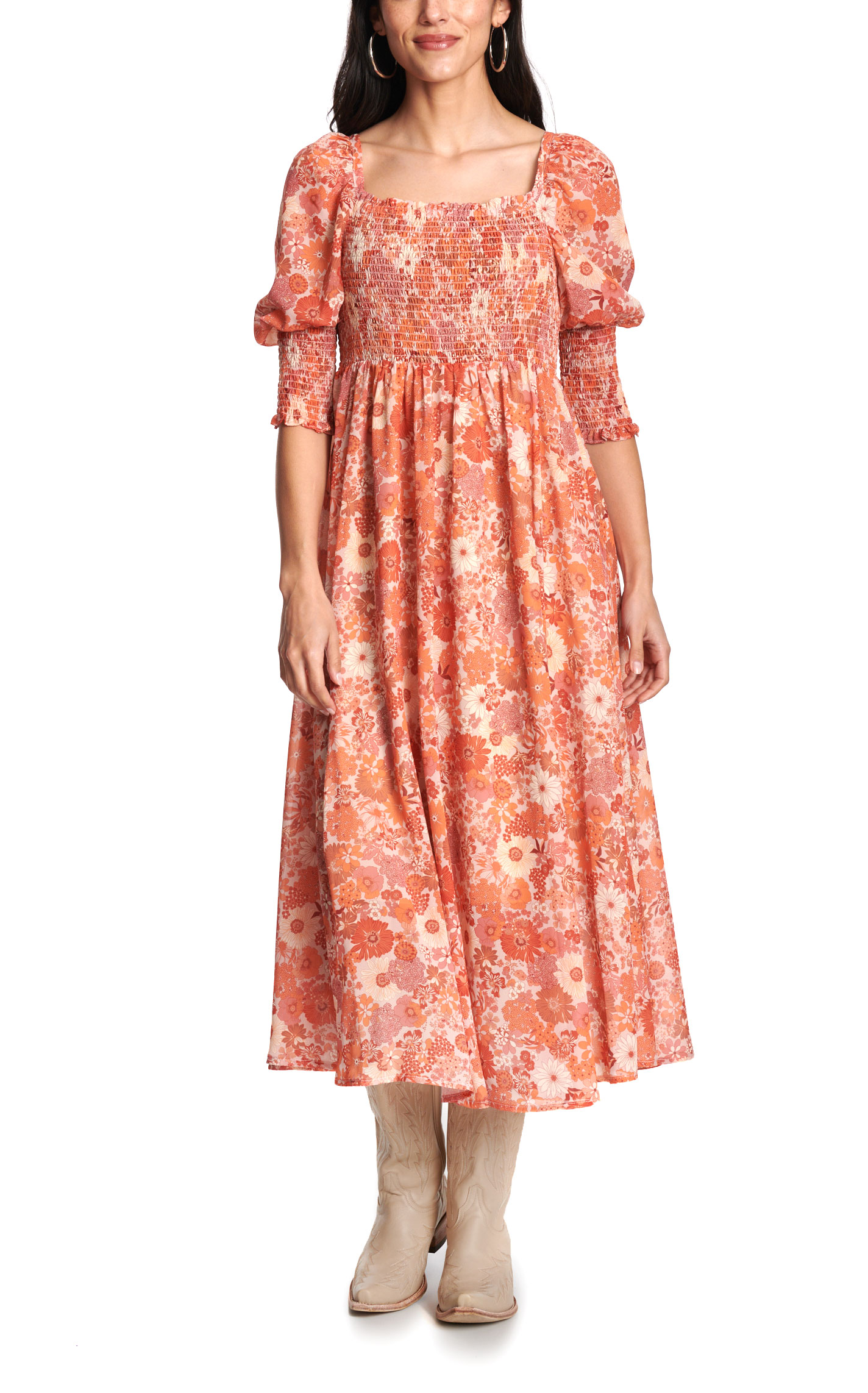 Blue B Women’s Orange Floral Puff Sleeve Midi Dress - Image 1