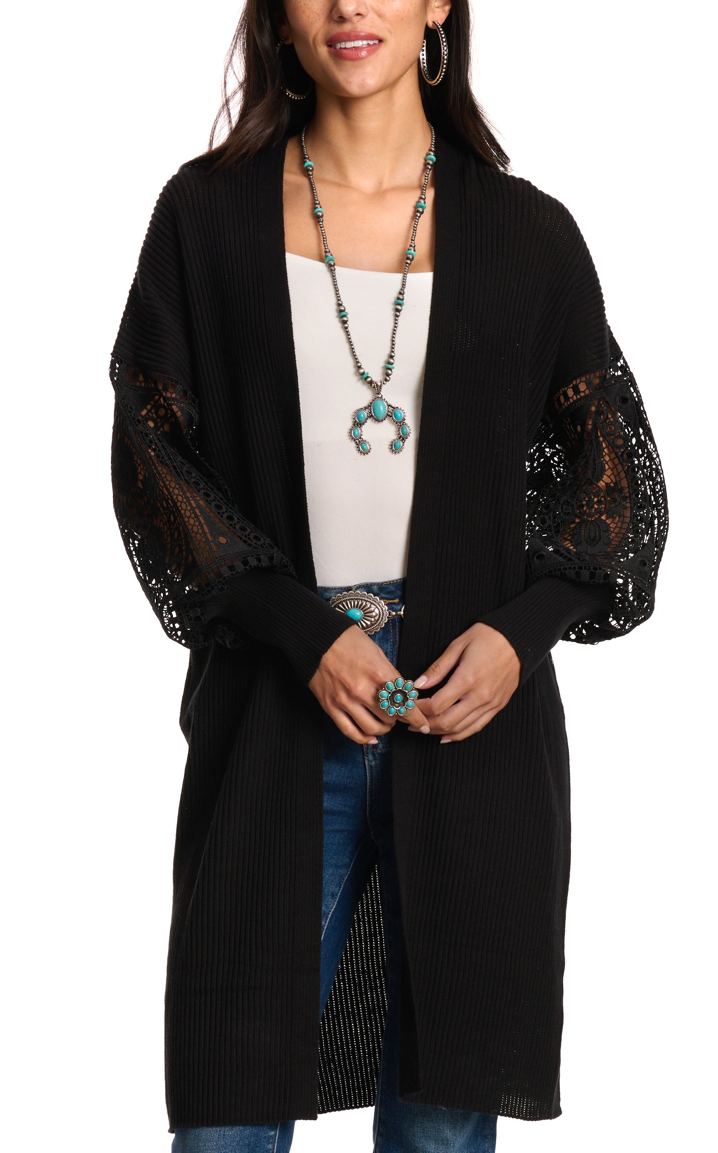 Rockin C Women's Black Lace Sleeve Sweater Cardigan - Image 1