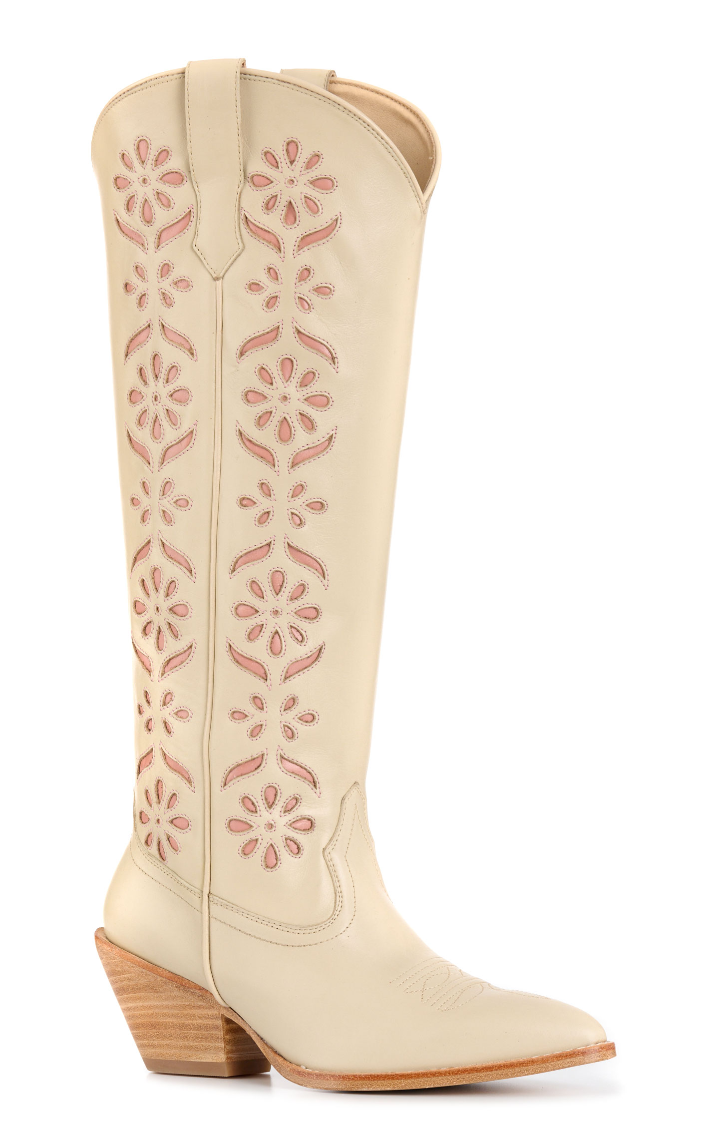 Rockin' C Women’s Ivory with Floral Inlay Almond Toe Tall Cowboy Boots - Image 1