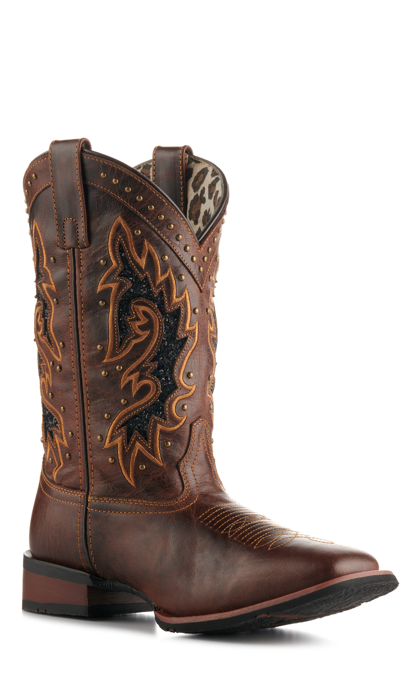 Laredo Women's Lockhart Brown with Black Glitter Inlay Square Toe Cowboy Boots - Image 1