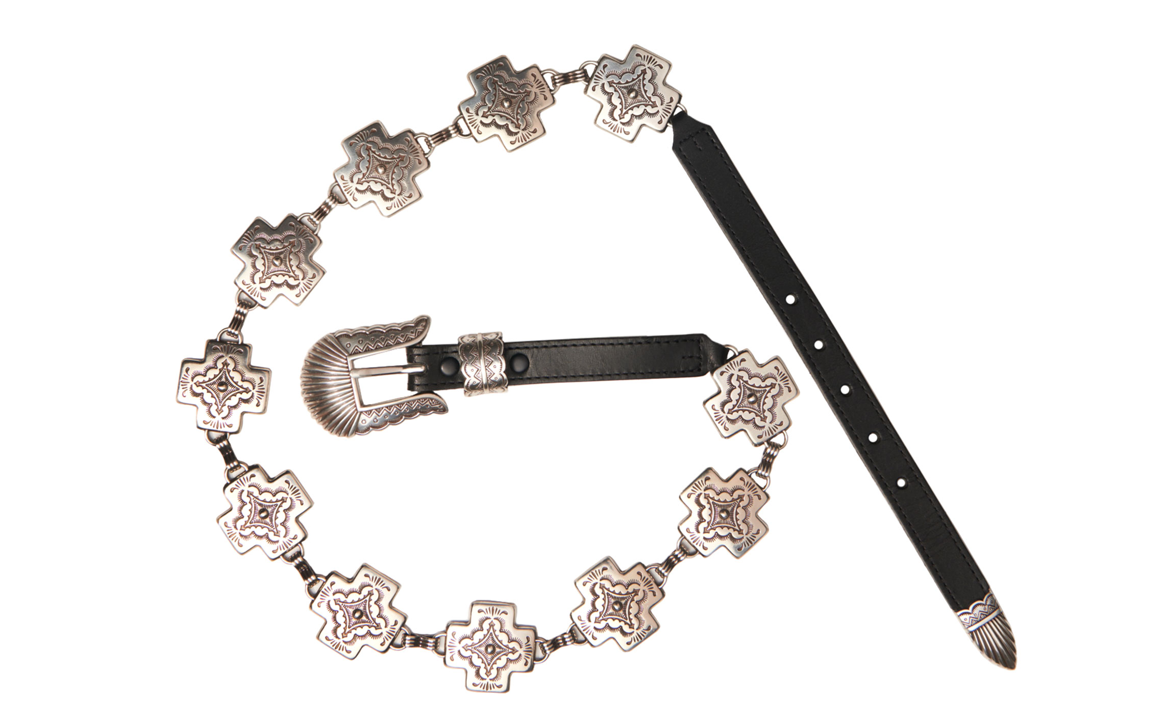 Tony Lama Silver Square Crosses Chain & Black Leather Belt - Image 1