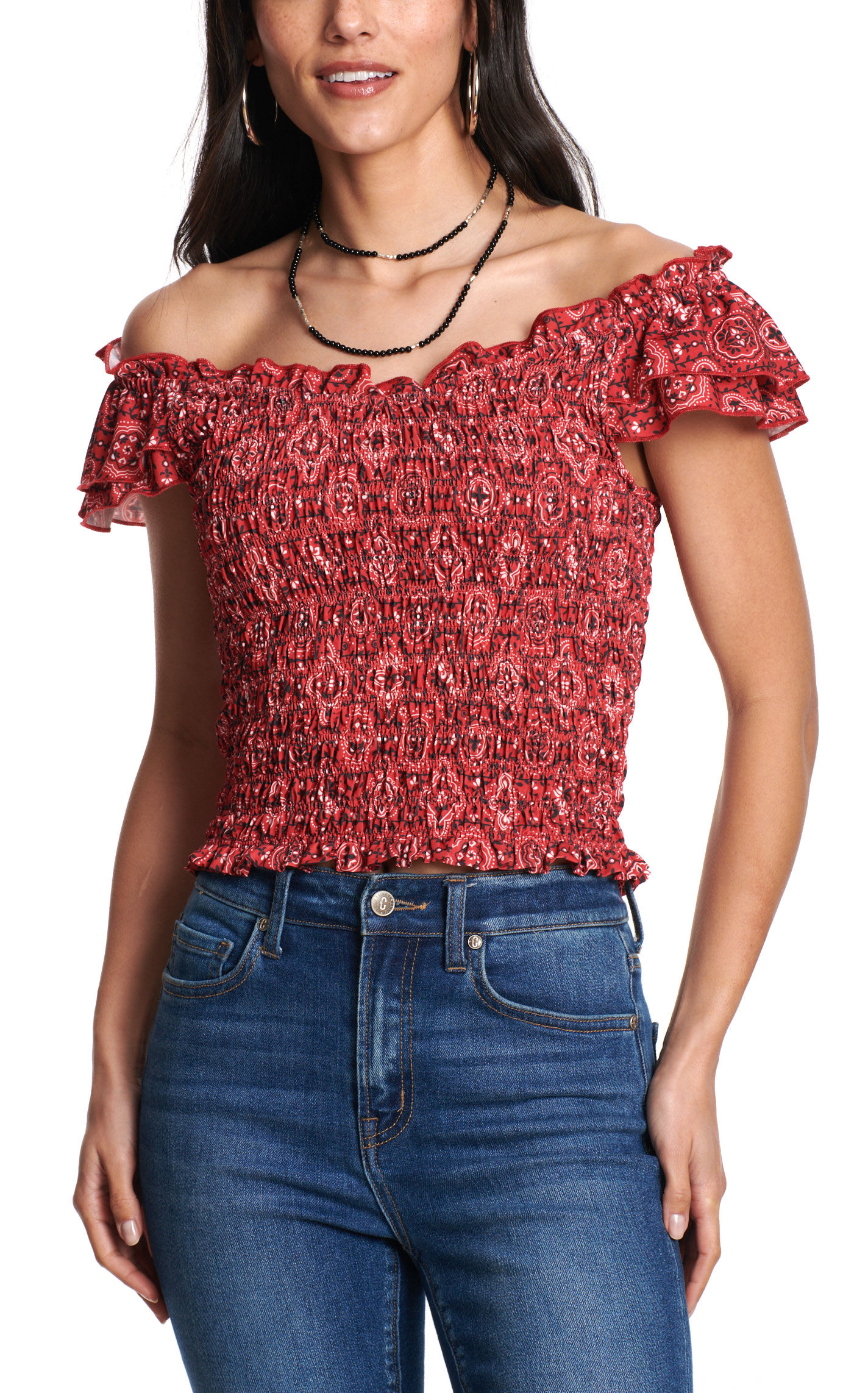 Cowgirl Hardware Women’s Red Bandana Ruffle Smock Off the Shoulder Top - Image 1