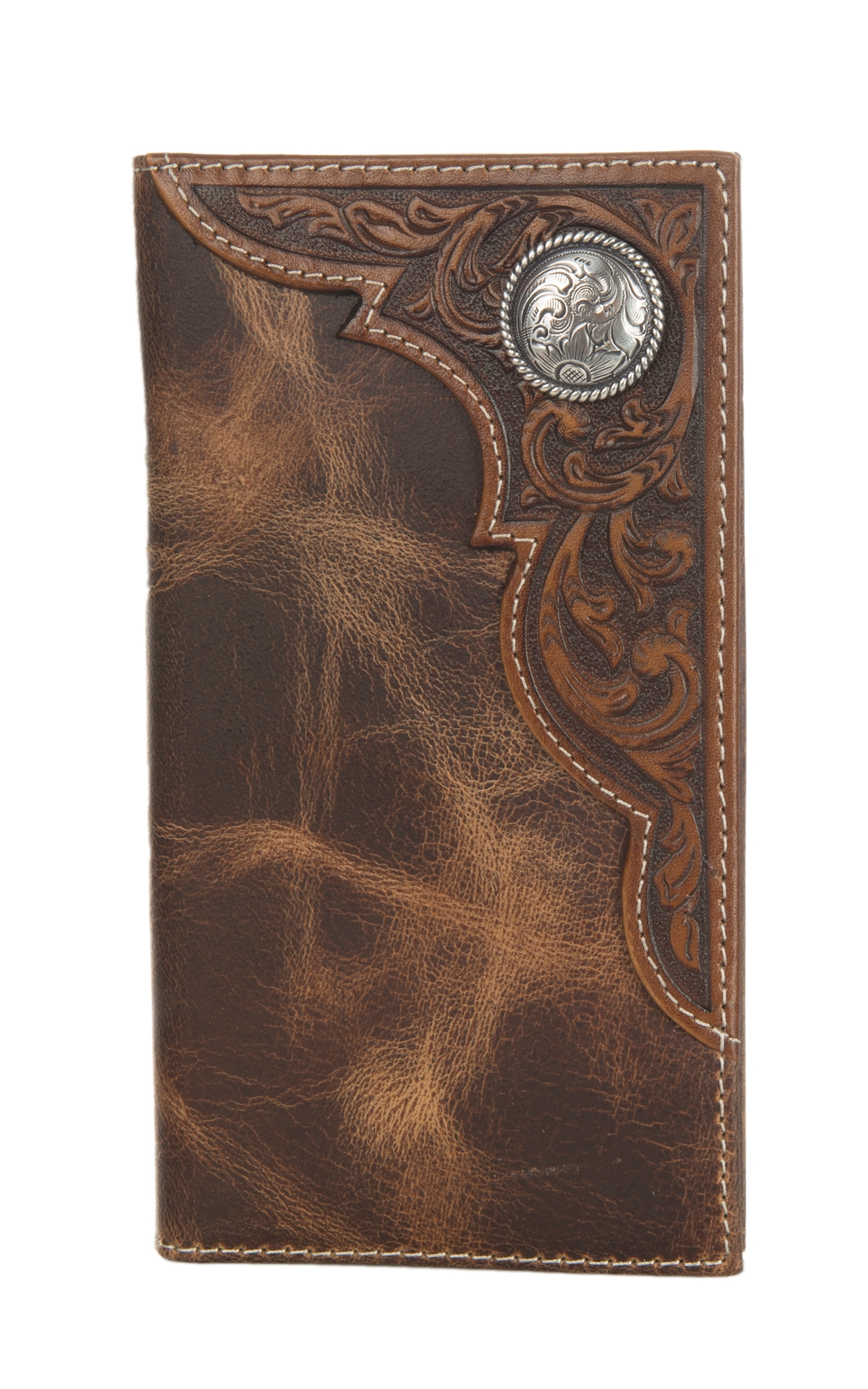 Ariat Distressed Brown with Corner Tooled Overlay and Circle Concho Rodeo Wallet / Checkbook Cover - Image 1