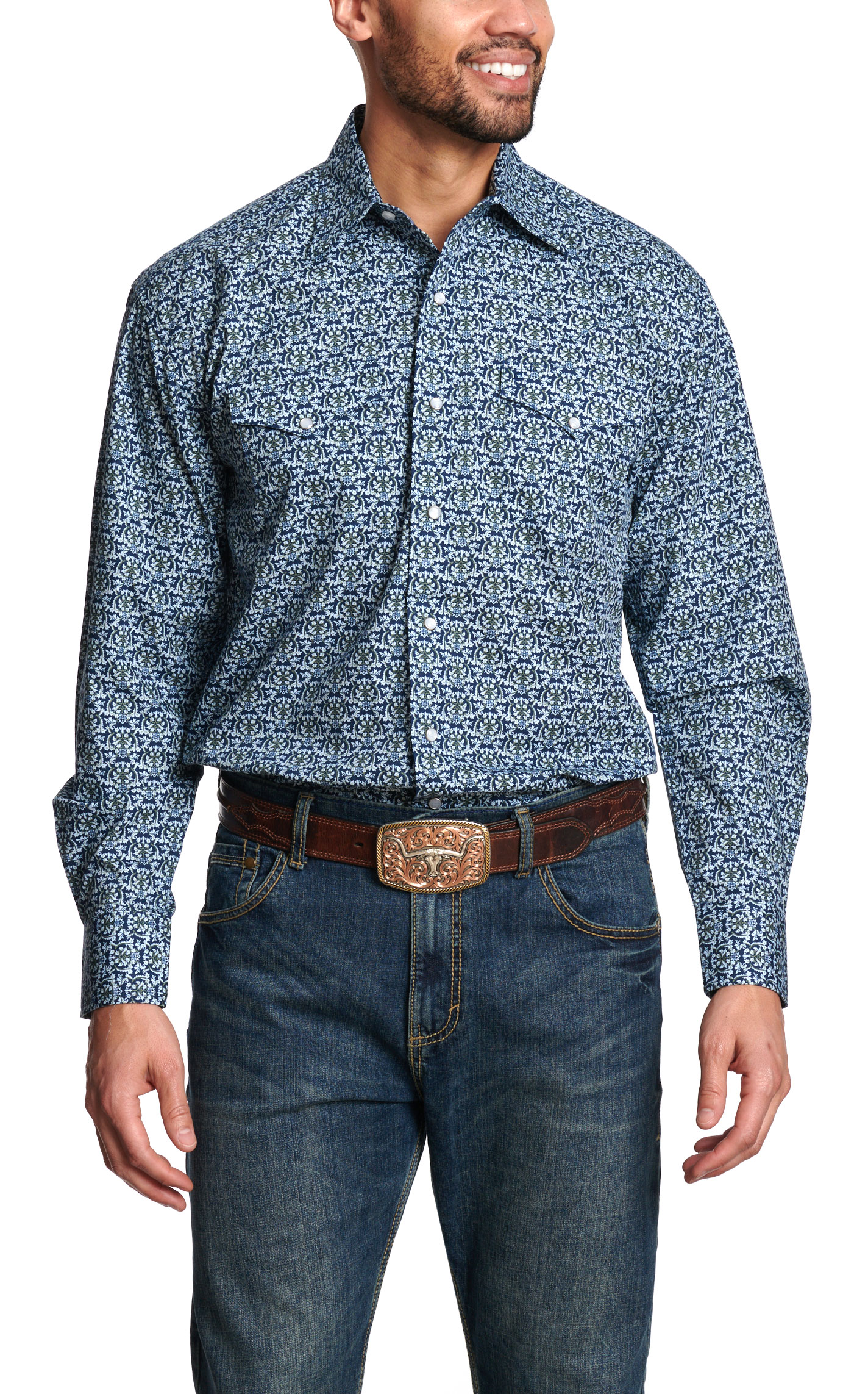 Stetson Men's Medium Blue Geo Print Shirt - Image 1