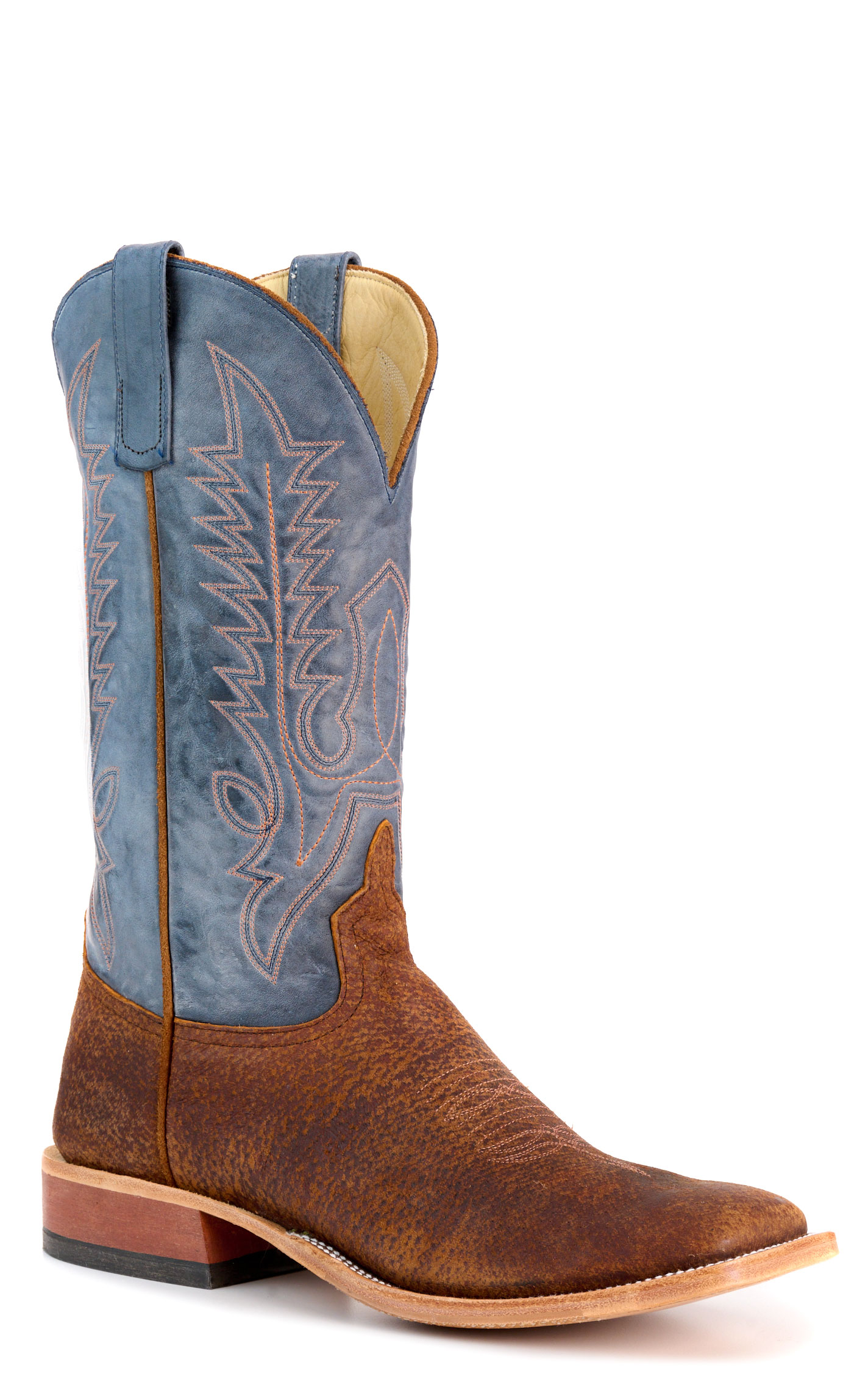 Anderson Bean Men's Chocolate Boar and Blue Hybrid Wide Square Toe Cowboy Boots - Image 1