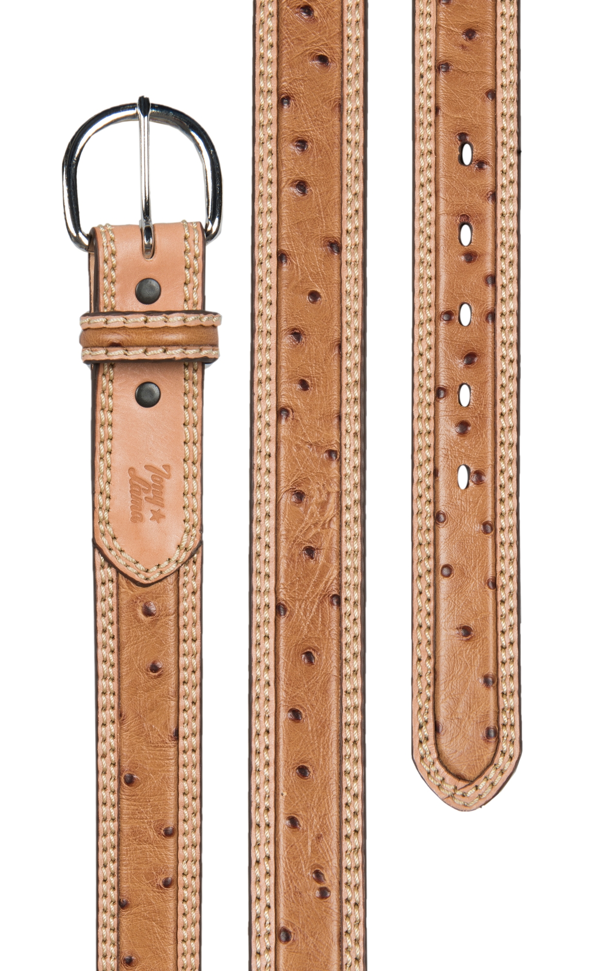 Tony Lama Men's Natural Brown Ostrich Print Double Stitch Stockman Western Belt - Image 1