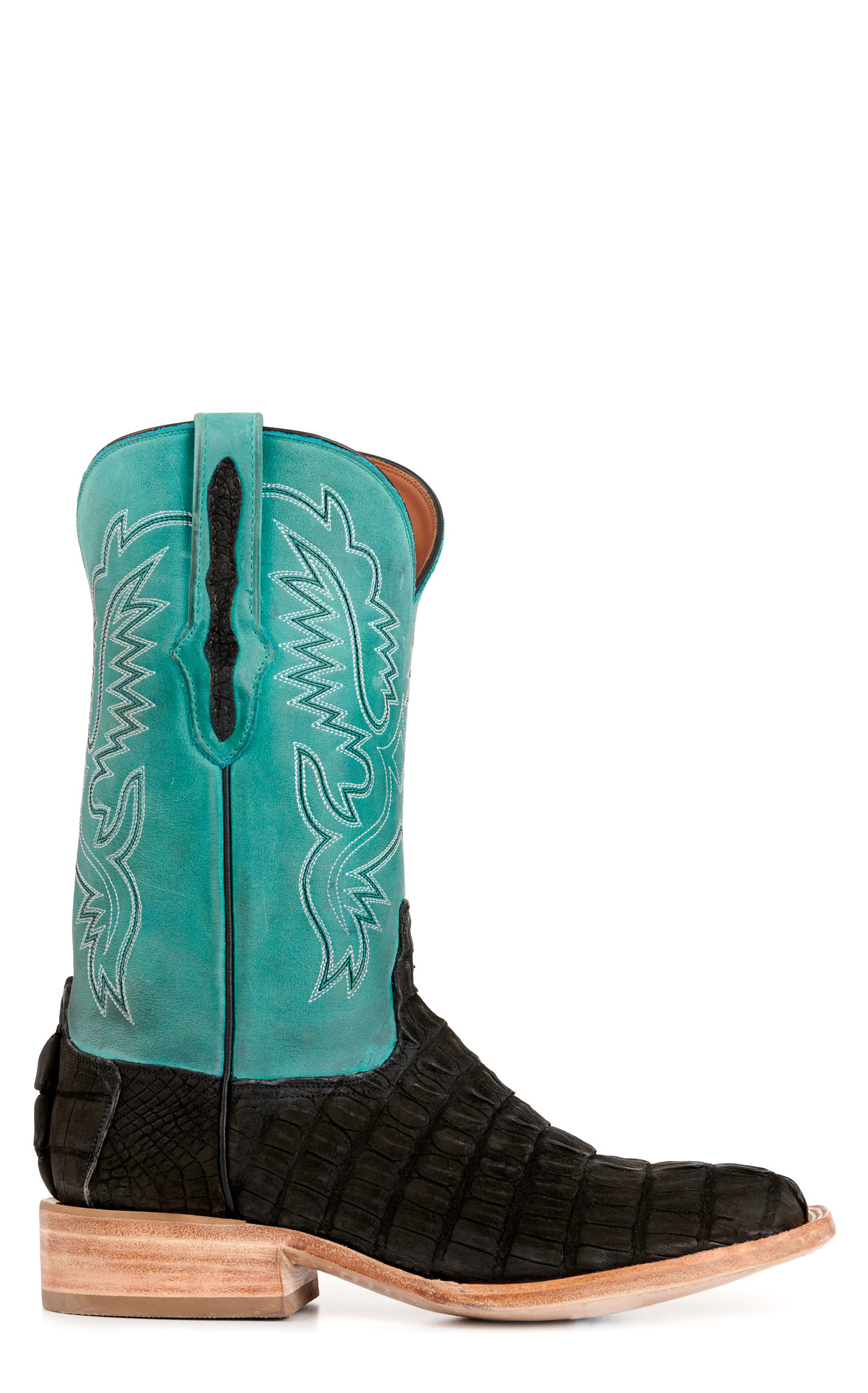 Black Jack Men's Black Sueded Caiman Tail and Seafoam Green Wide Square Toe Exotic Cowboy Boots - Image 1