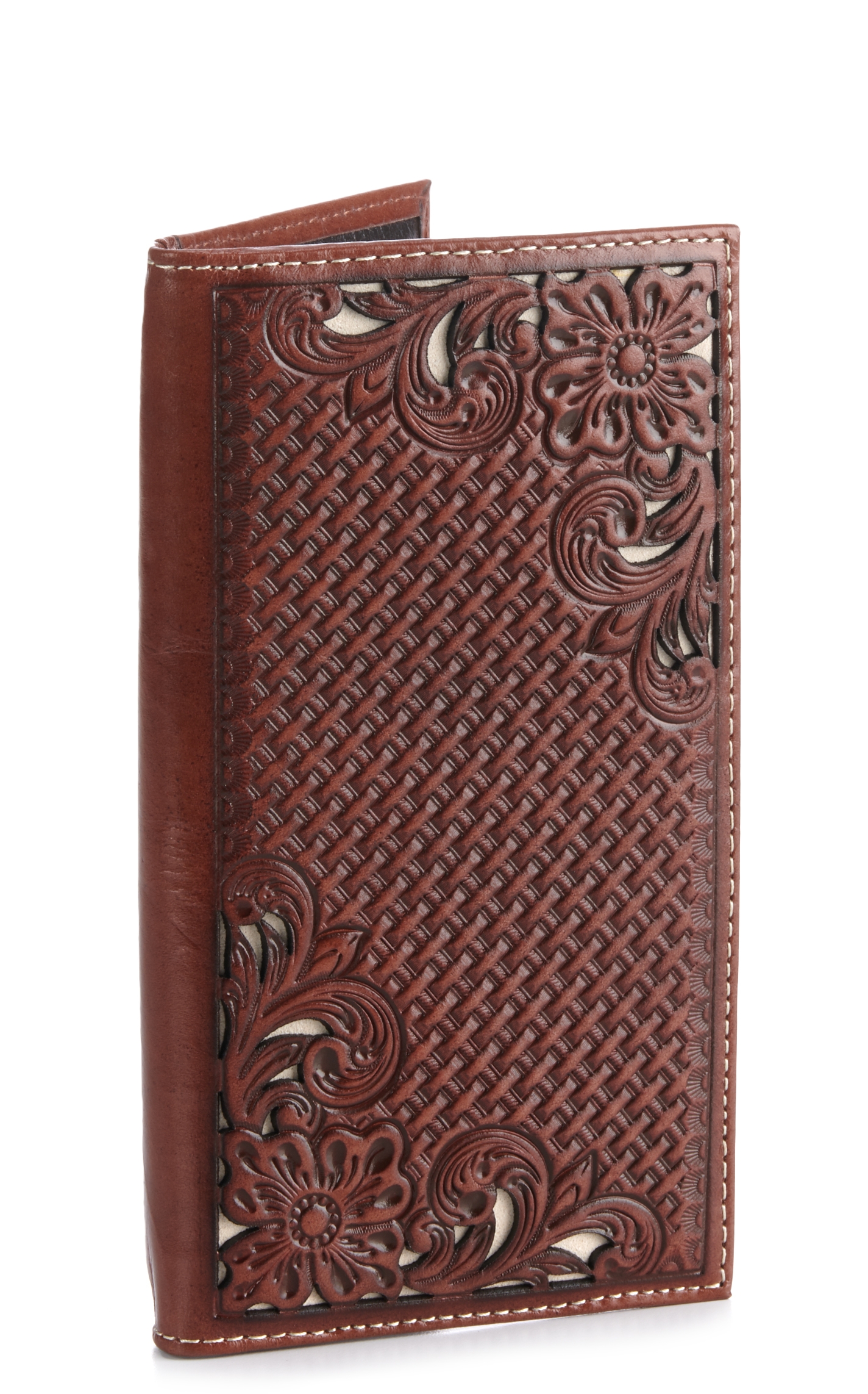Nocona Brown Basketweave and Floral Tooled with Ivory Inlay Rodeo Wallet / Checkbook Cover - Image 1