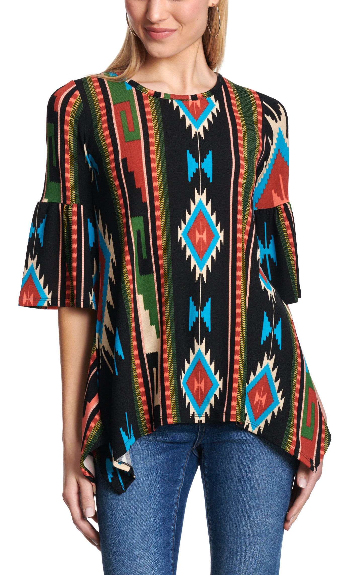 R. Rouge Women's Black Aztec Print Round Neck Top  - Image 1