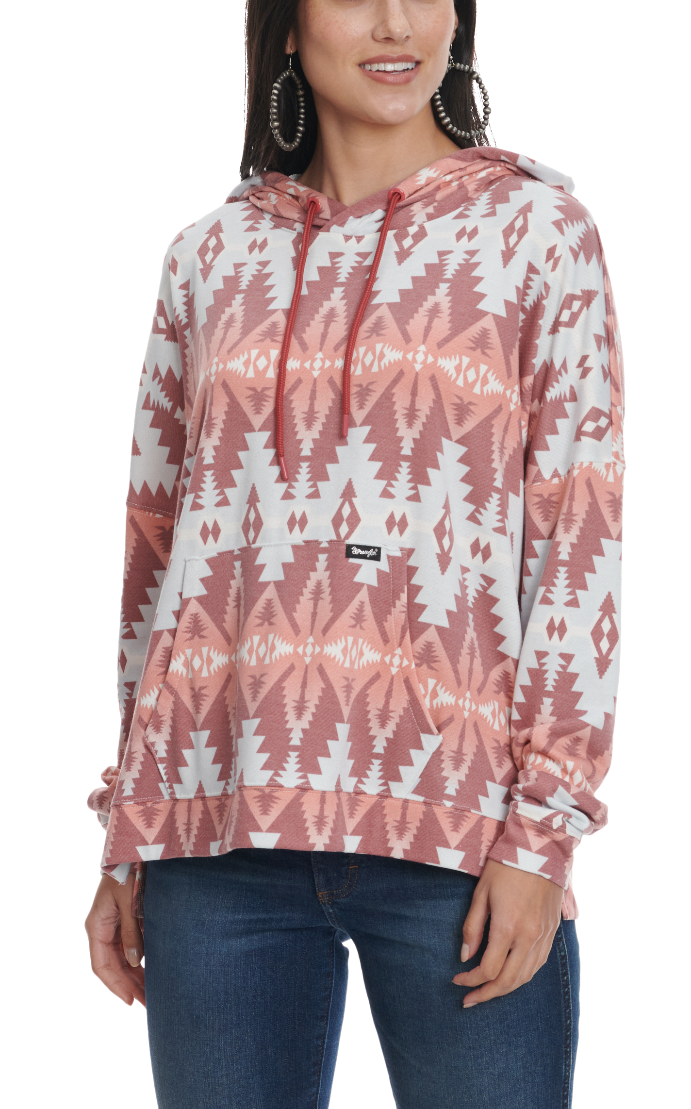 Wrangler Retro Women's Ice Blue & Burgundy Aztec Print Long Sleeve Hoodie - Image 1