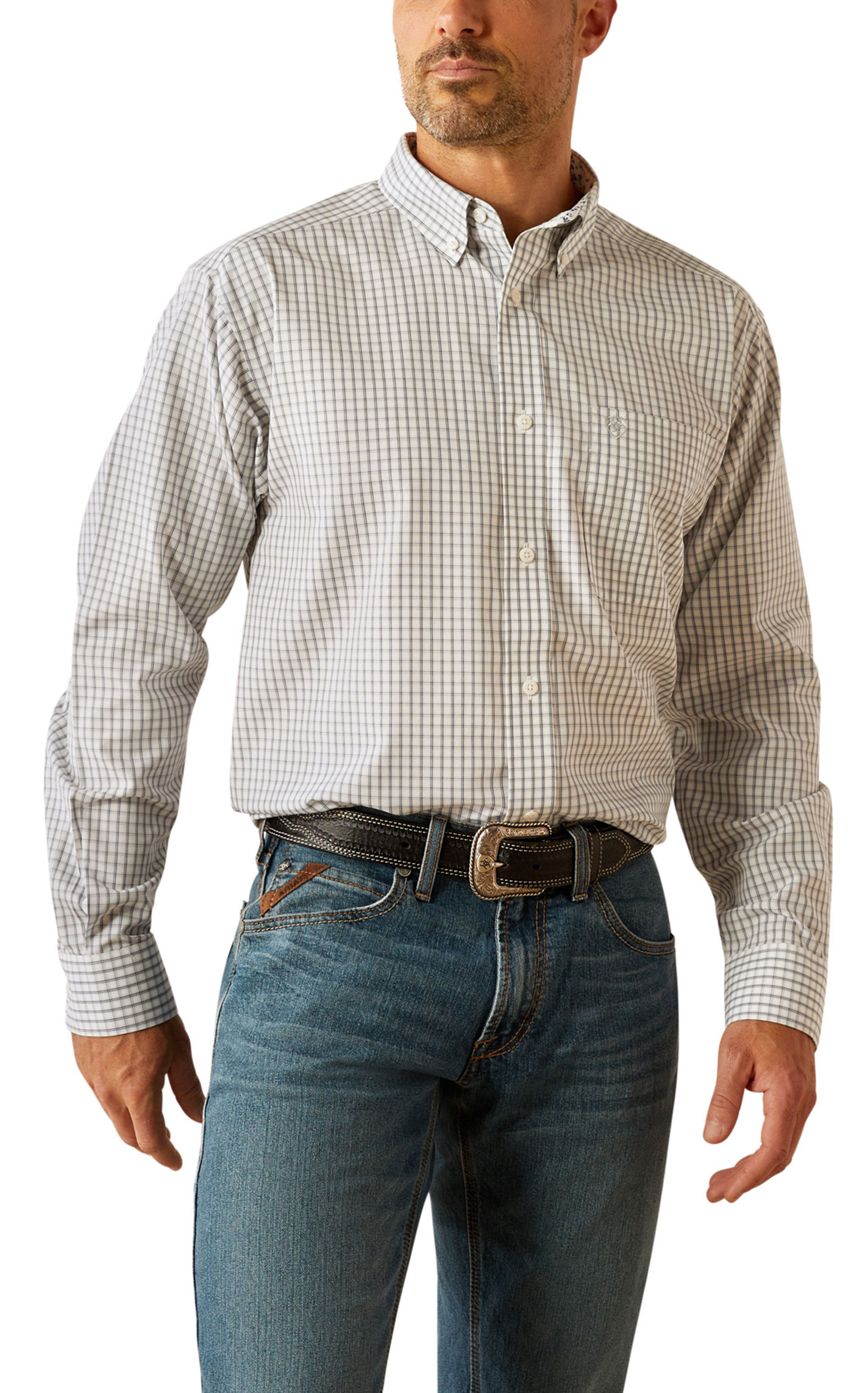 Ariat Men's Olsen Gray & Navy Plaid Western Shirt - Image 1
