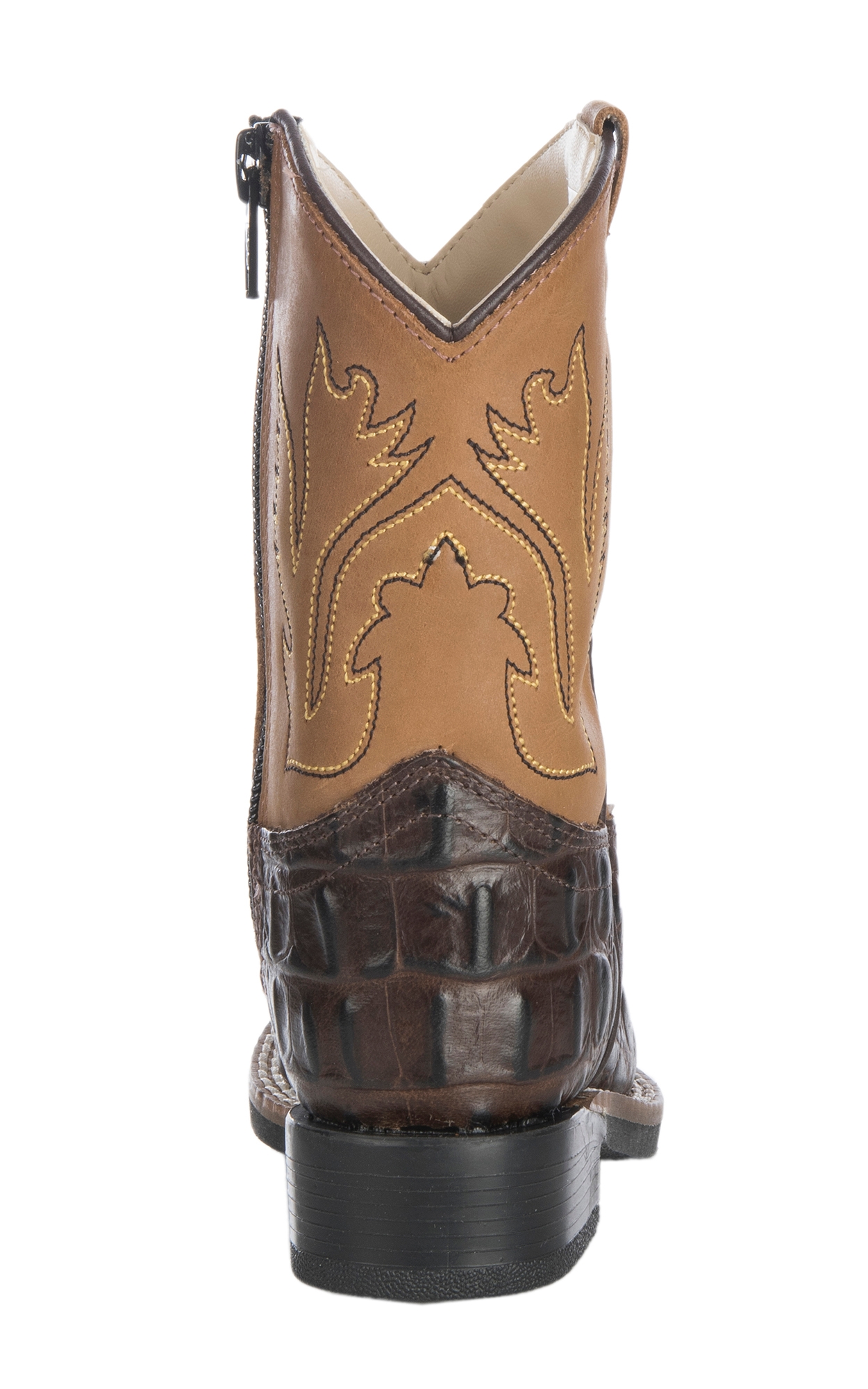 Old West Toddler Chocolate Croc Print and Tan Wide Square Toe Cowboy Boots - Image 1