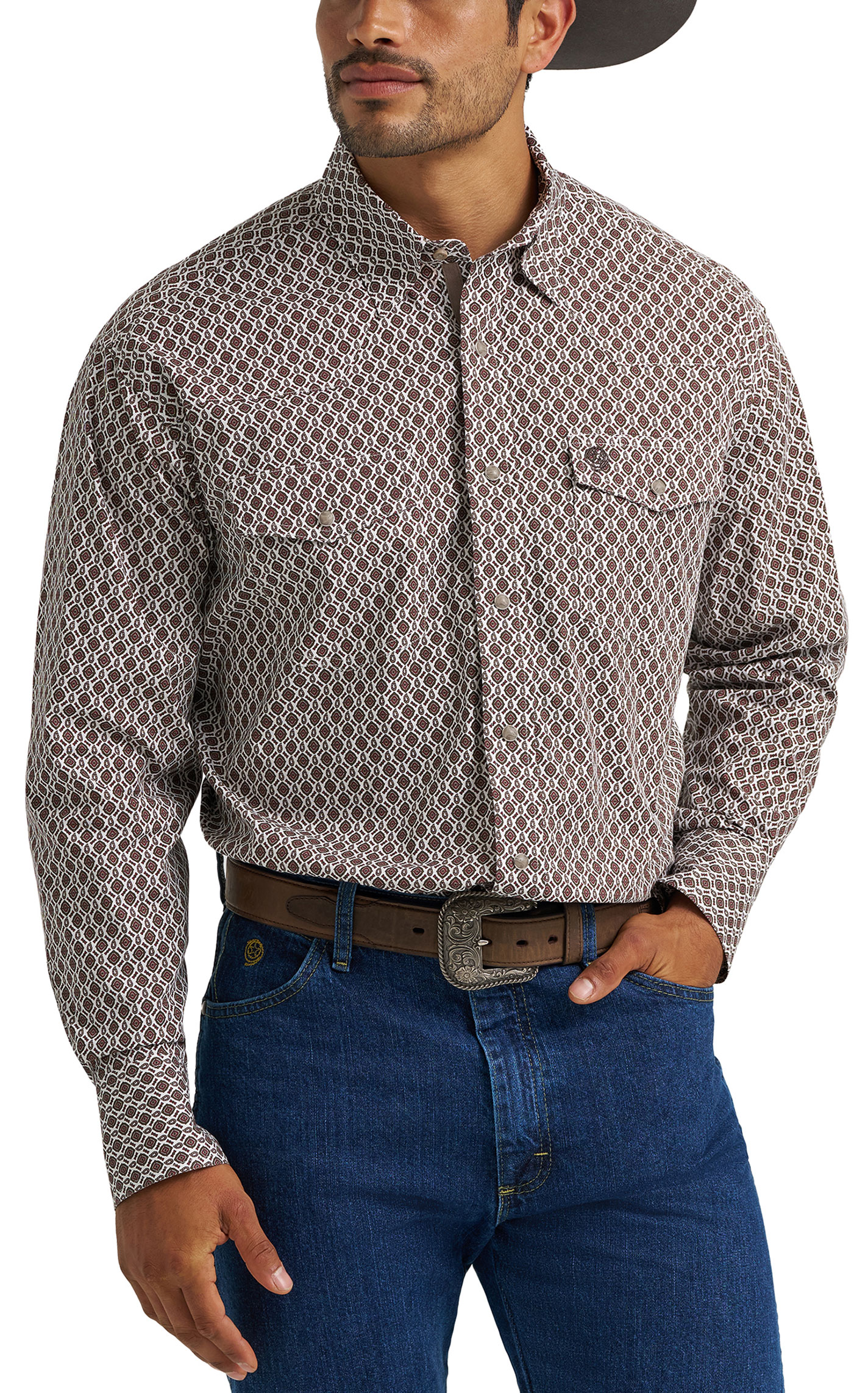 George Strait Men's Brown & Cream Geo Print Western Shirt - Image 1