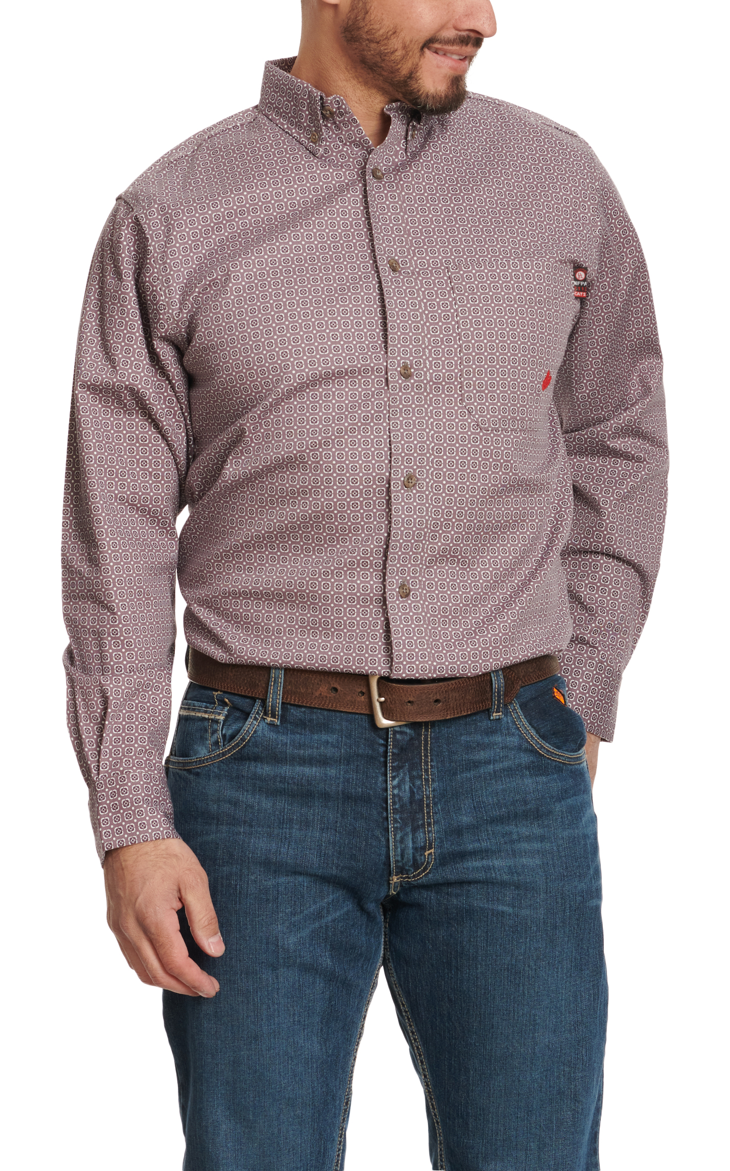 Forge Men's Dusty Burgundy & Geo Print Long Sleeve FR Work Shirt - Image 2
