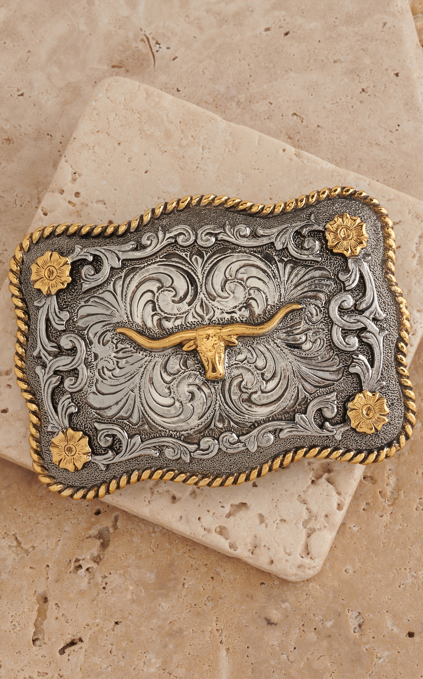 AndWest Antiqued Silver Scrolling with Gold Texas Longhorn Belt Buckle - Image 1
