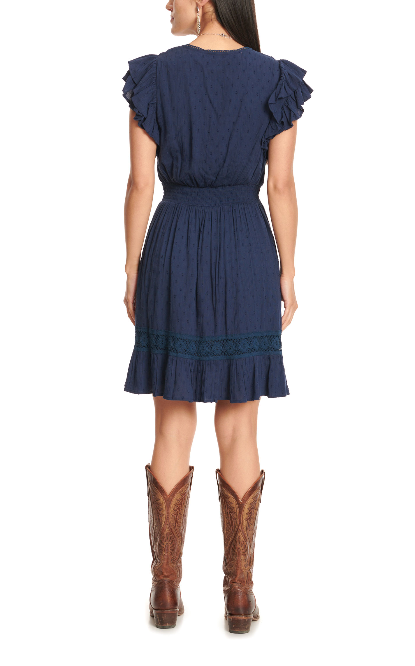 Rockin' C Women's Navy Swiss Dot V-Neck Short Flutter Sleeve Dress - Image 3