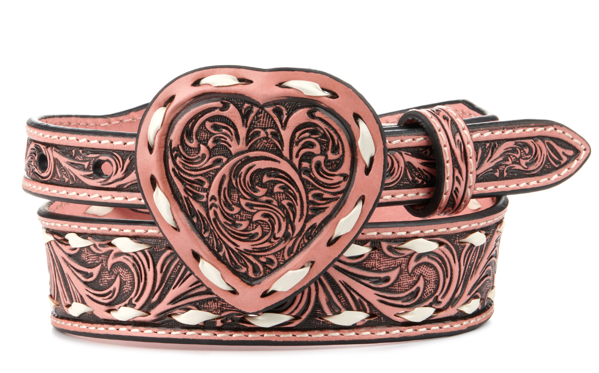 Angel Ranch Girl's Pink Floral Tooled Leather Matching Heart Buckle Belt - Image 1