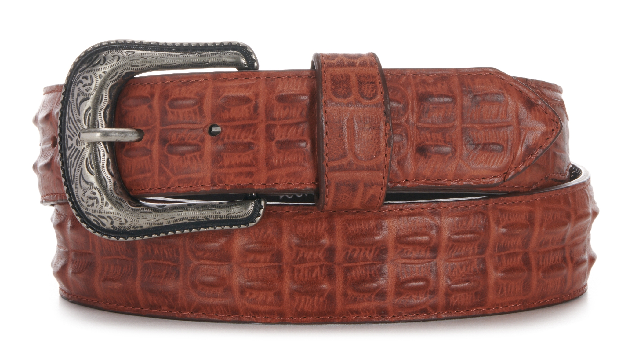 Cavender's Men's Cognac Caiman Hornback Print Western Belt - Image 1