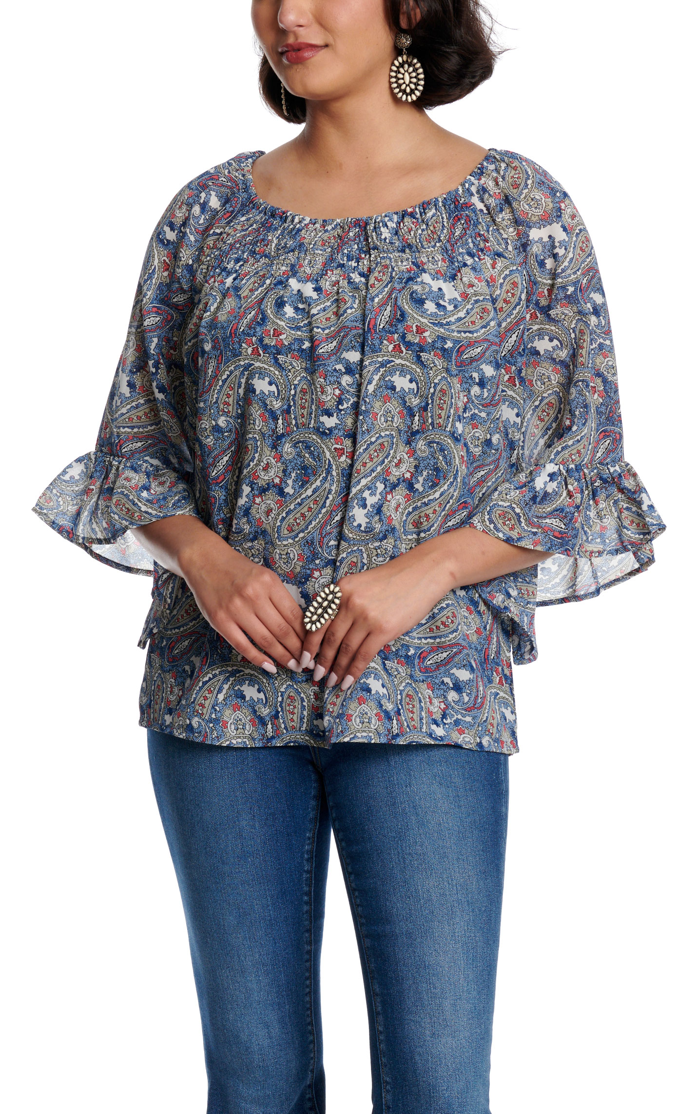 Magnolia Lane Women's Blue Paisley Print Smocked Neck Top - Image 1