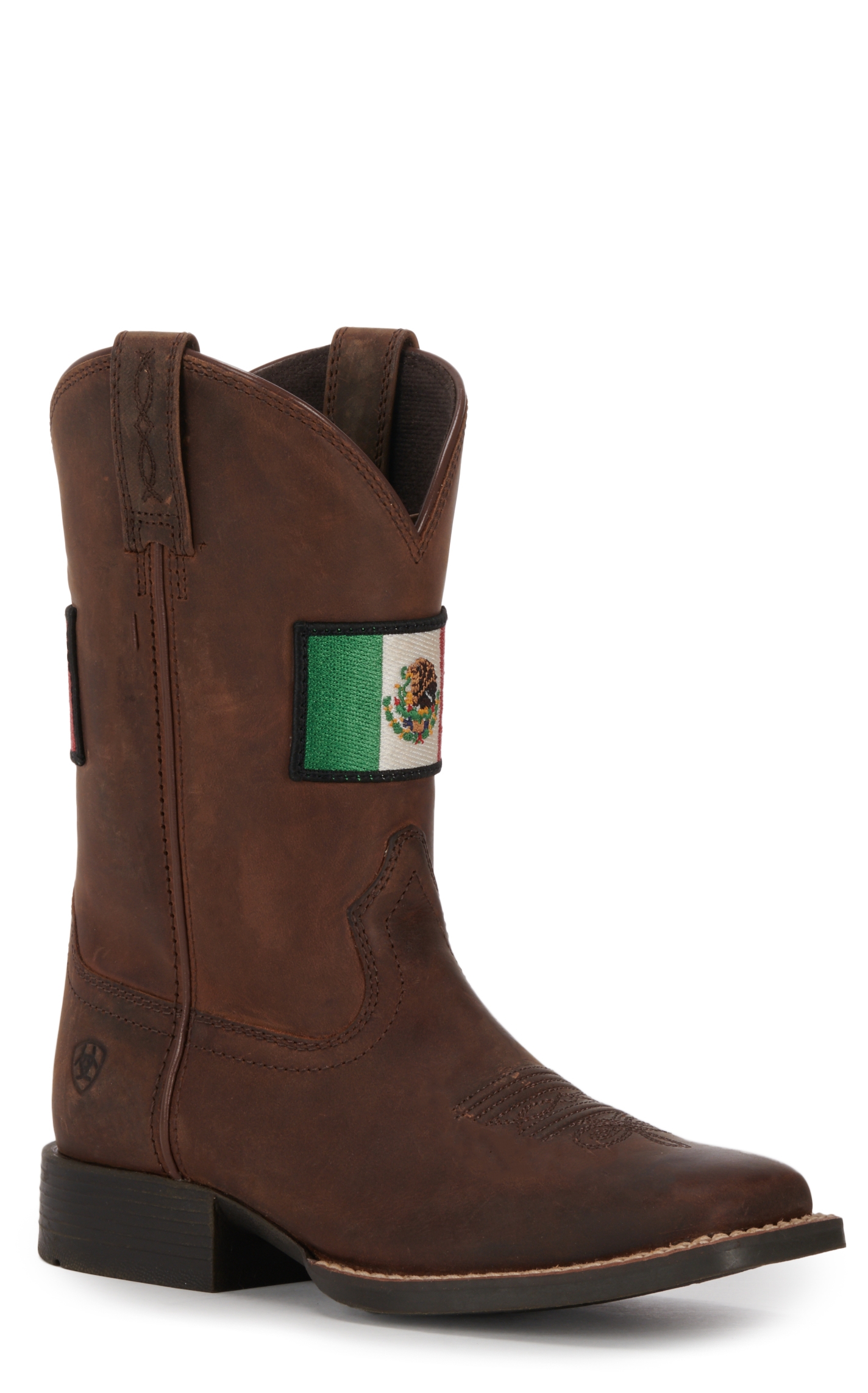 Ariat Youth Leather Distressed Brown with Mexican Flag Patch Wide Square Toe Boots - Image 1