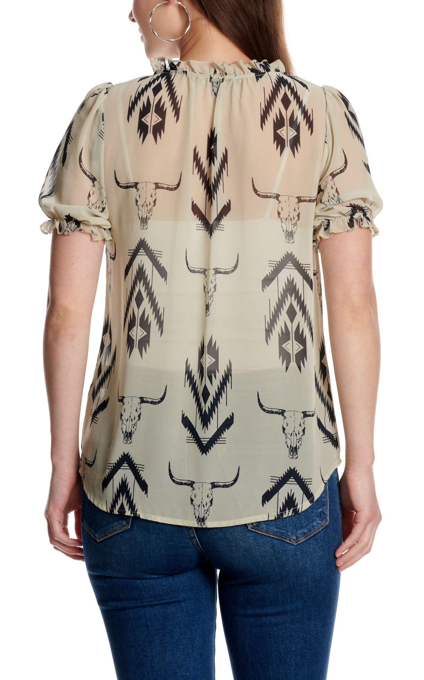Cowgirl Hardware Women's Cream & Black Steer Print Sheer Top - Image 2