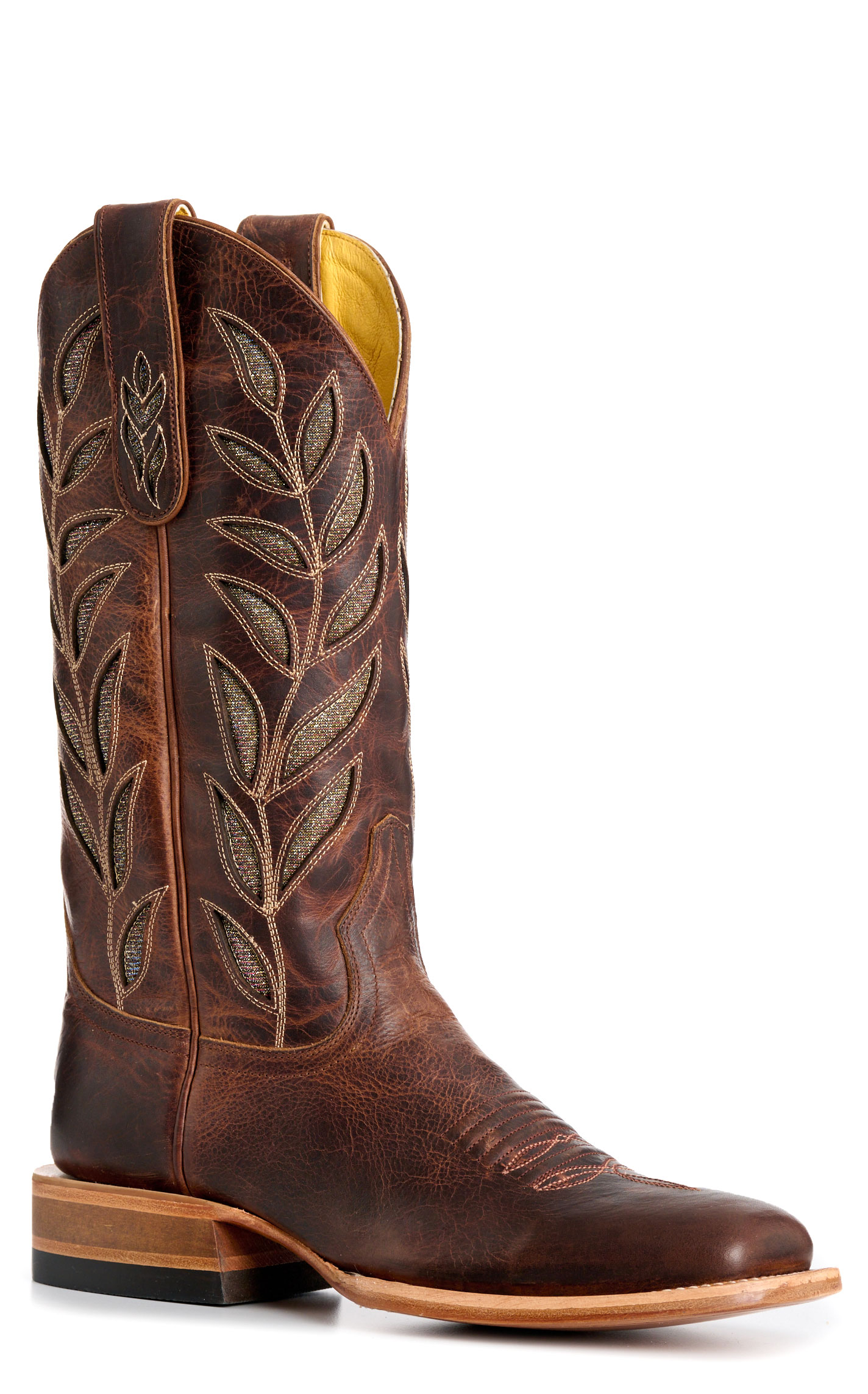 Cavender's Women's Cognac & Gold Sparkle Inlay Wide Square Toe Cowboy Boots - Image 1