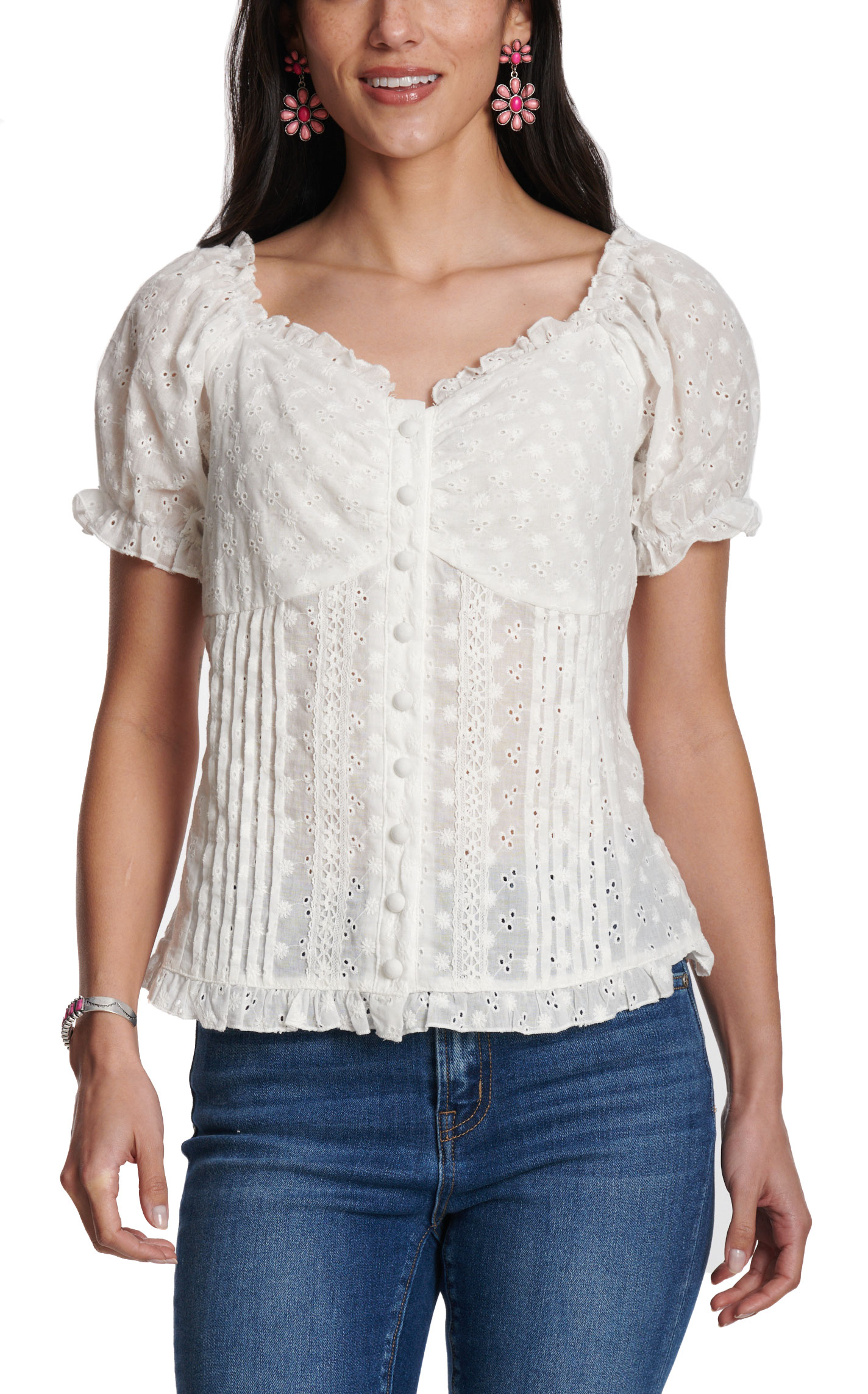 Cowgirl Hardware Women’s White Peasant Floral Eyelet Top - Image 1