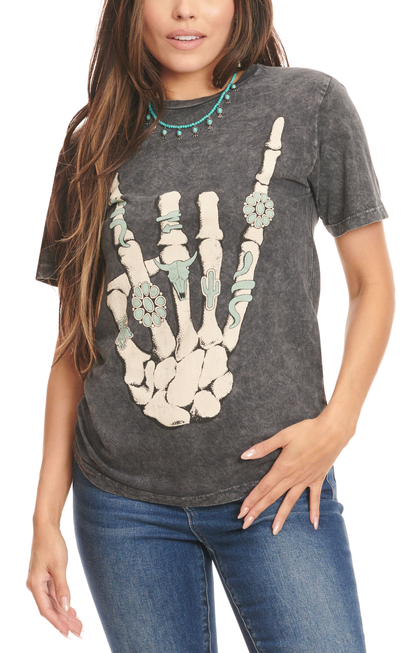 Lotus Fashion Women's Washed Black Rockin' Rings Skeleton Hand Graphic Short Sleeve T-Shirt - Image 3