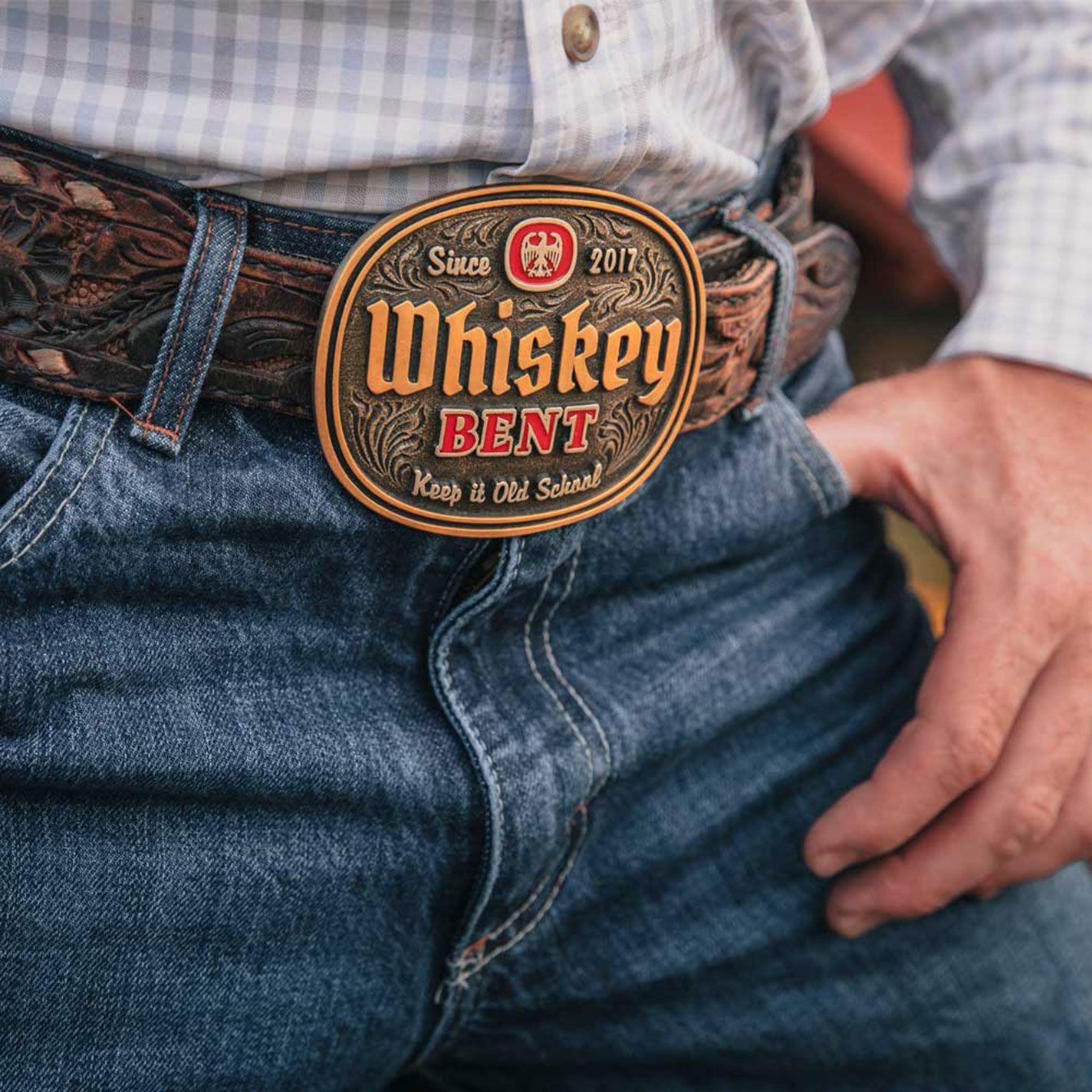 Montana Silversmiths Antique Brass Whiskey Bent Belt Buckle - Image 1