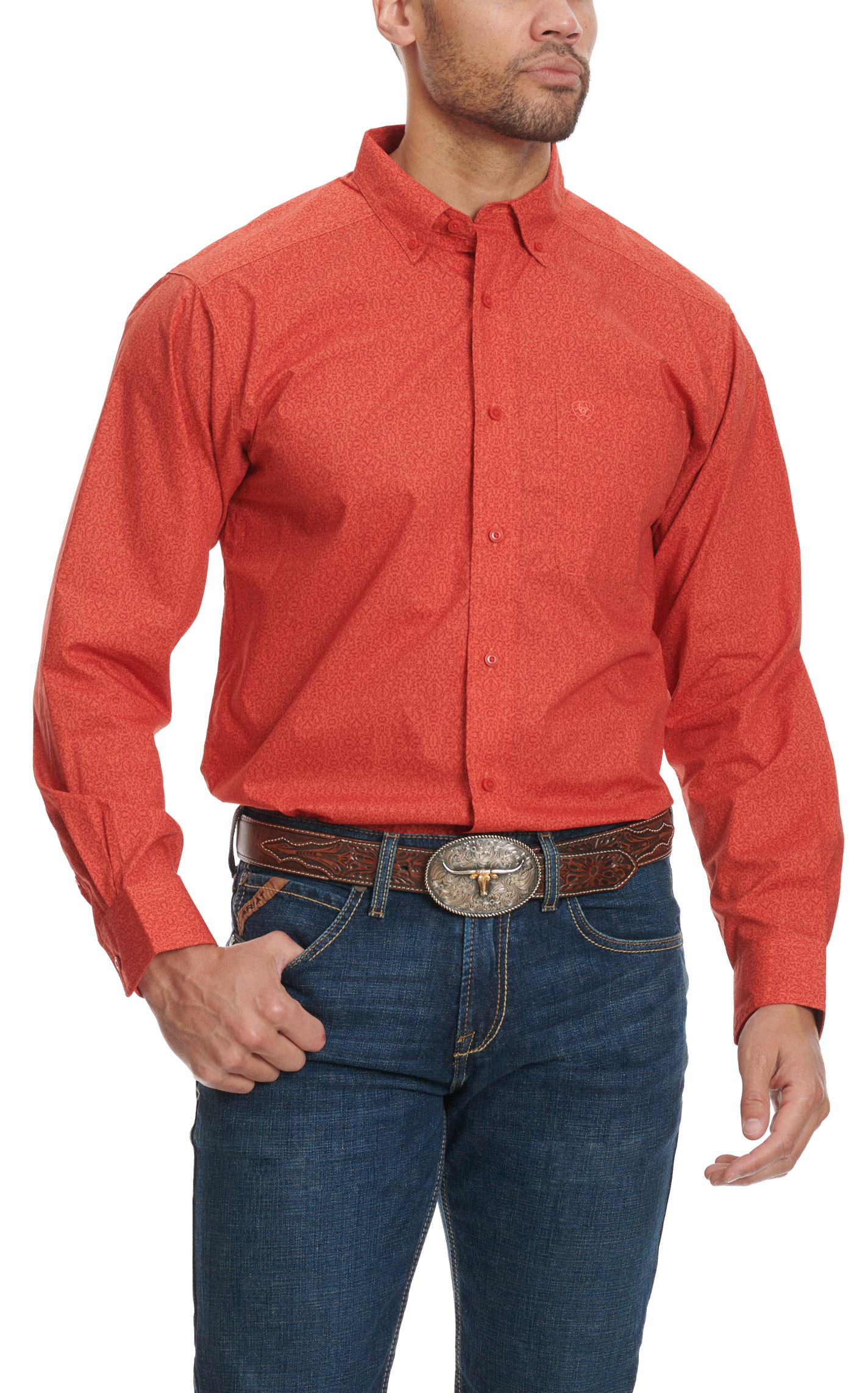 Ariat Men's Russell Red & Tangerine Geo Print Western Shirt - Image 1